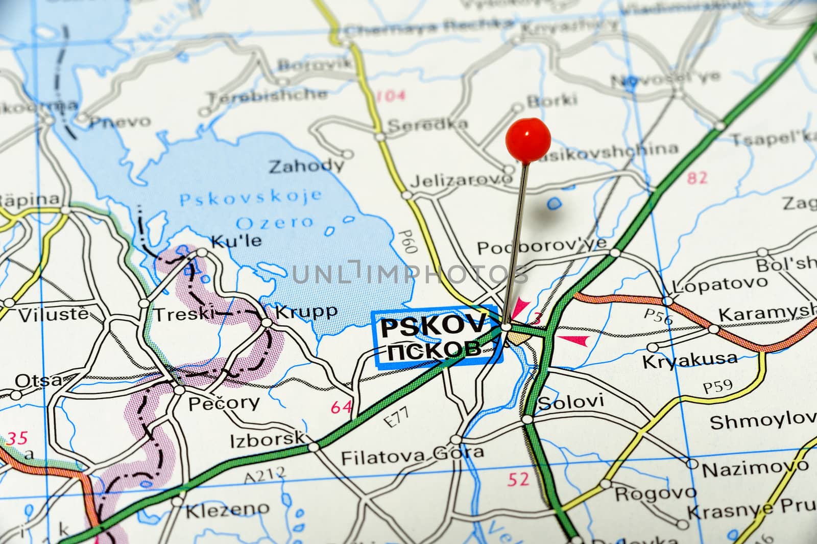 Closeup map of Pskov. Pskov a city in Russia.