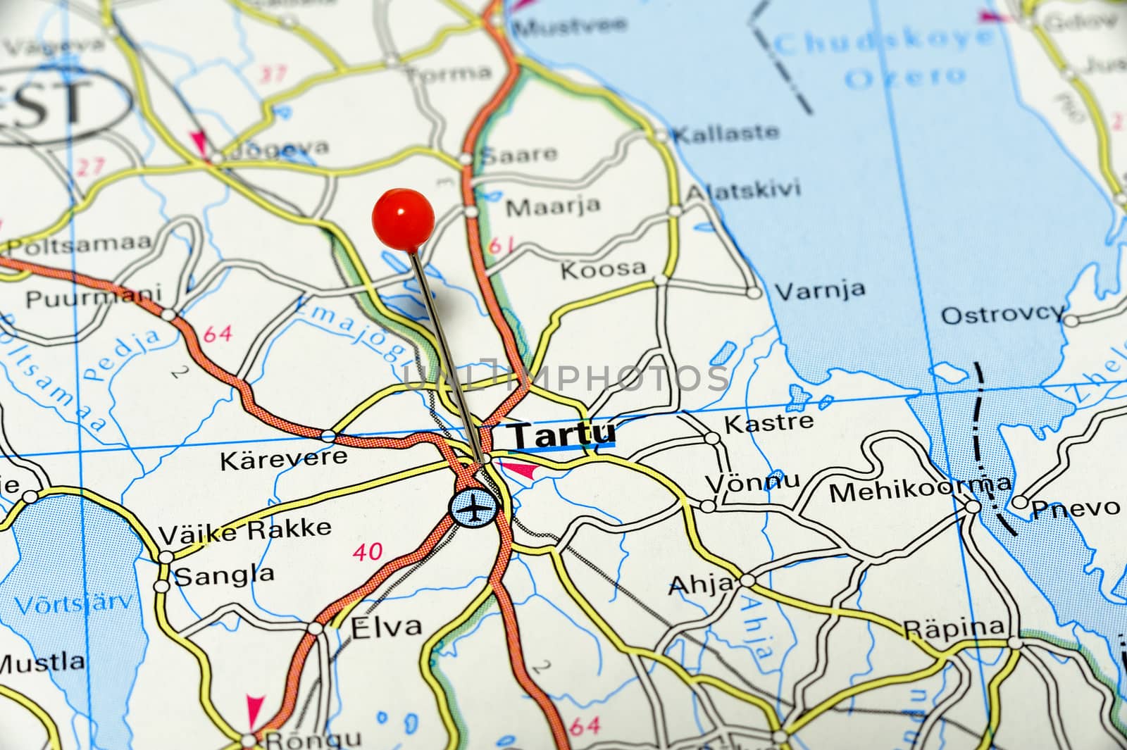 Closeup map of Tartu. Tartu a city in Finland.