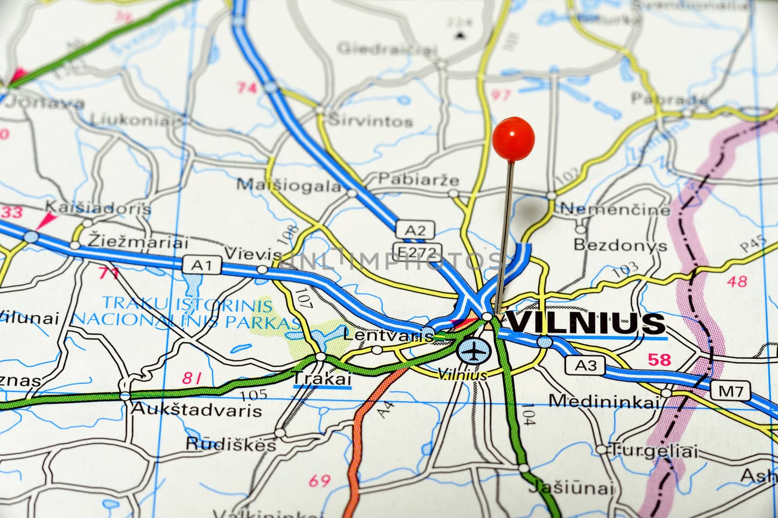 Closeup map of Vilnius. Vilnius a city in Lithuania.