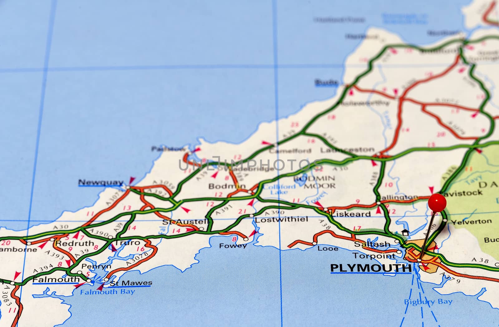 Closeup map of Plymouth, Plymouth a city in UK.