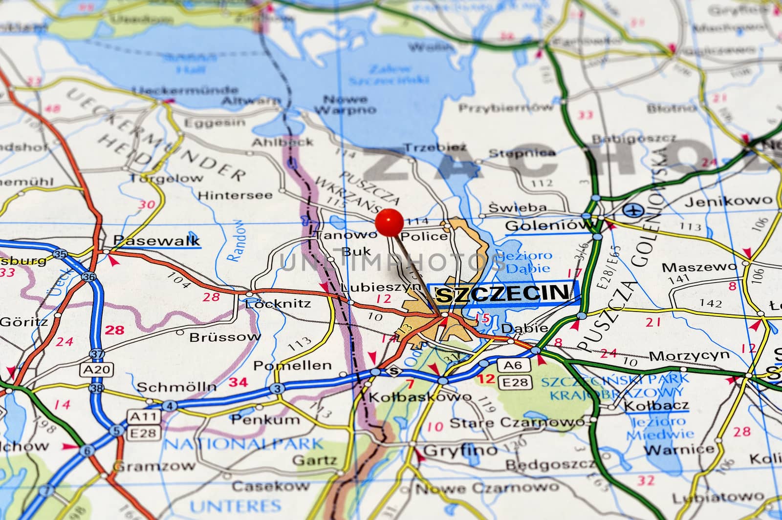 Closeup map of Szczecin the northwest of Poland.