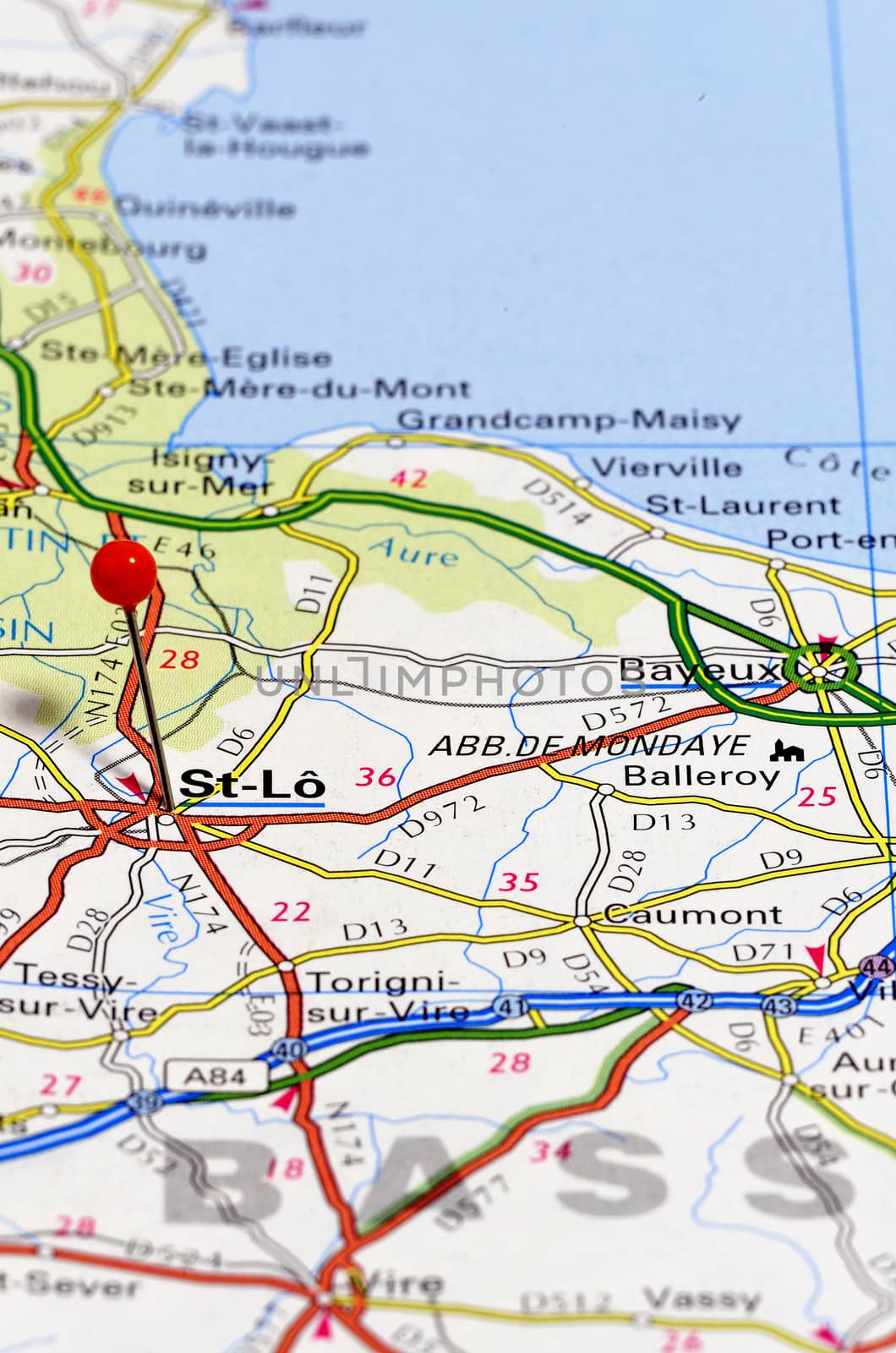 Closeup map of St-Lo. St-Lo a cuíty in France.
