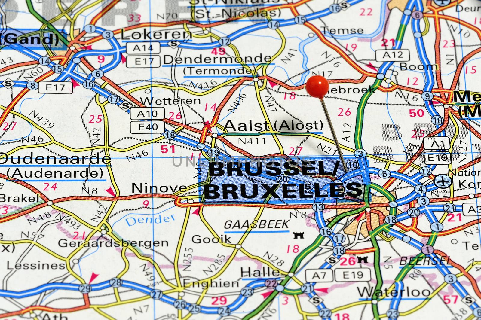 A red pushpin on a map pointing to Brussels, Belgium.