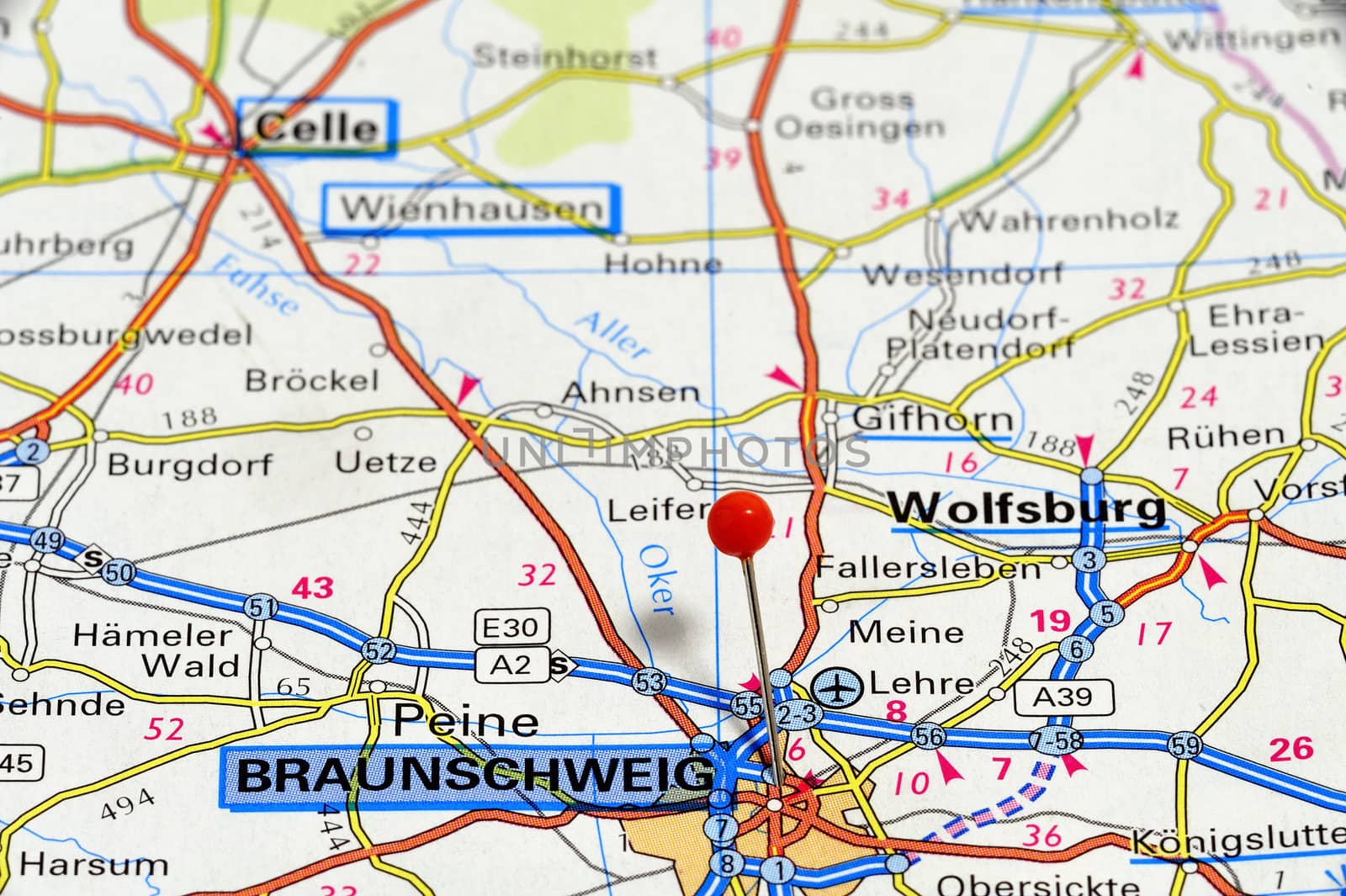 Closeup map of Braunschweig. Braunschweig is an important industrial and research city in southeast Niedersachsen, Germany