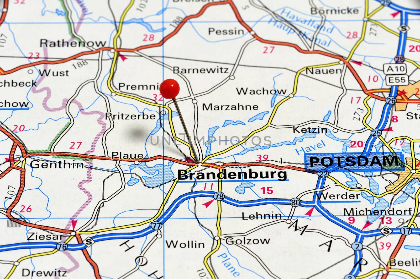 Closeup map of Brandenburg. Brandenburg is a city in Germany.