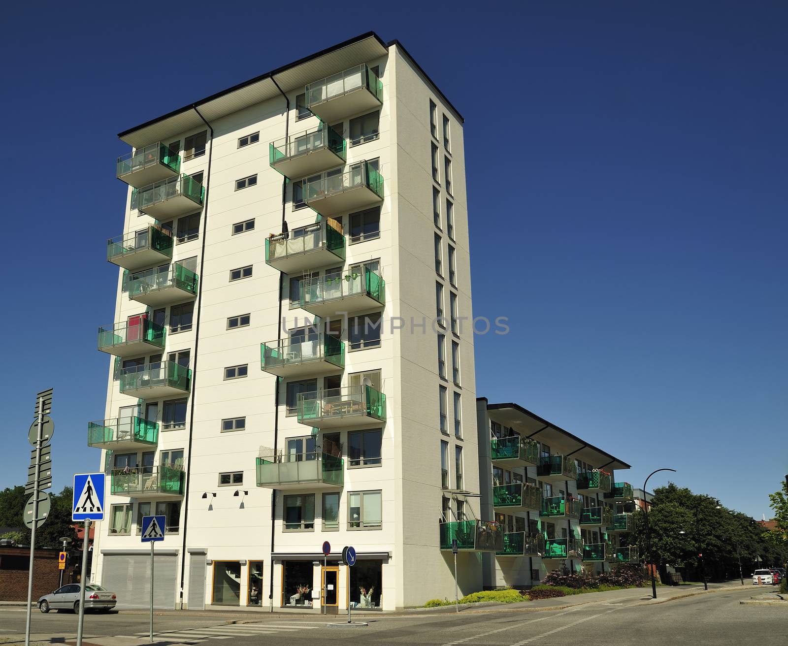 Modern apartment building in new neighborhood.