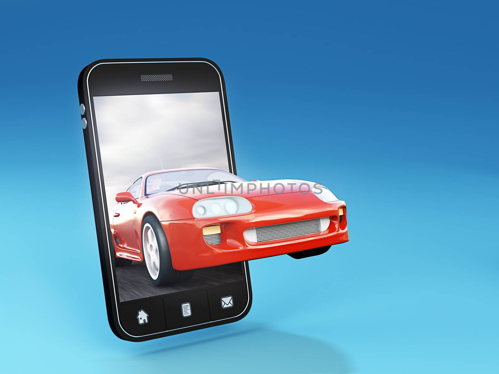 Red sports car comes out from smartphone - 3D render