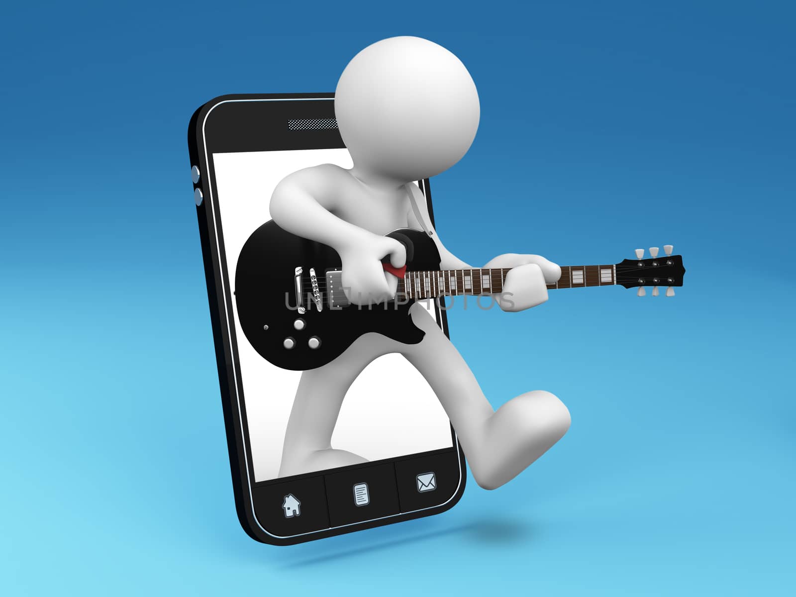 The guitarist comes out from smartphone - 3D render