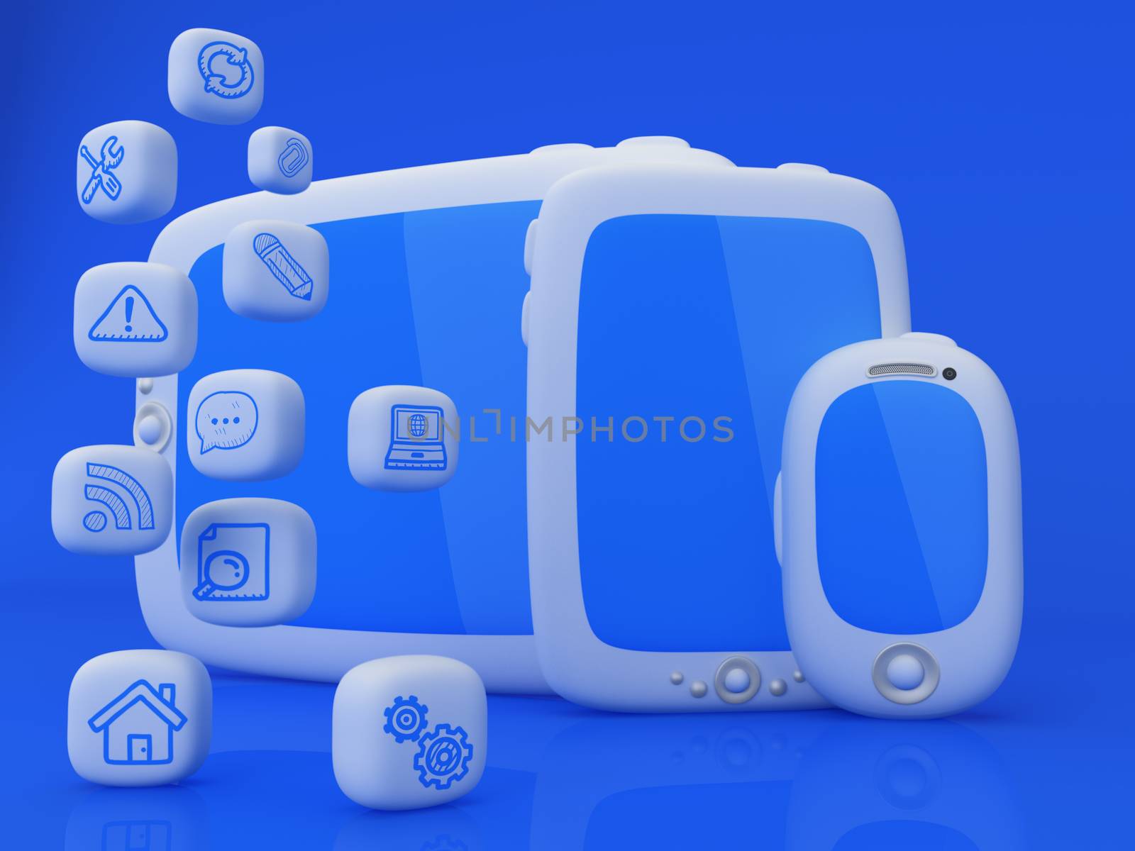 Tablet, mini tablet and touchscreen smartphone with cloud of application icons 
Note: All Devices design and all screen interface graphics in this series are designed by the contributor him self.