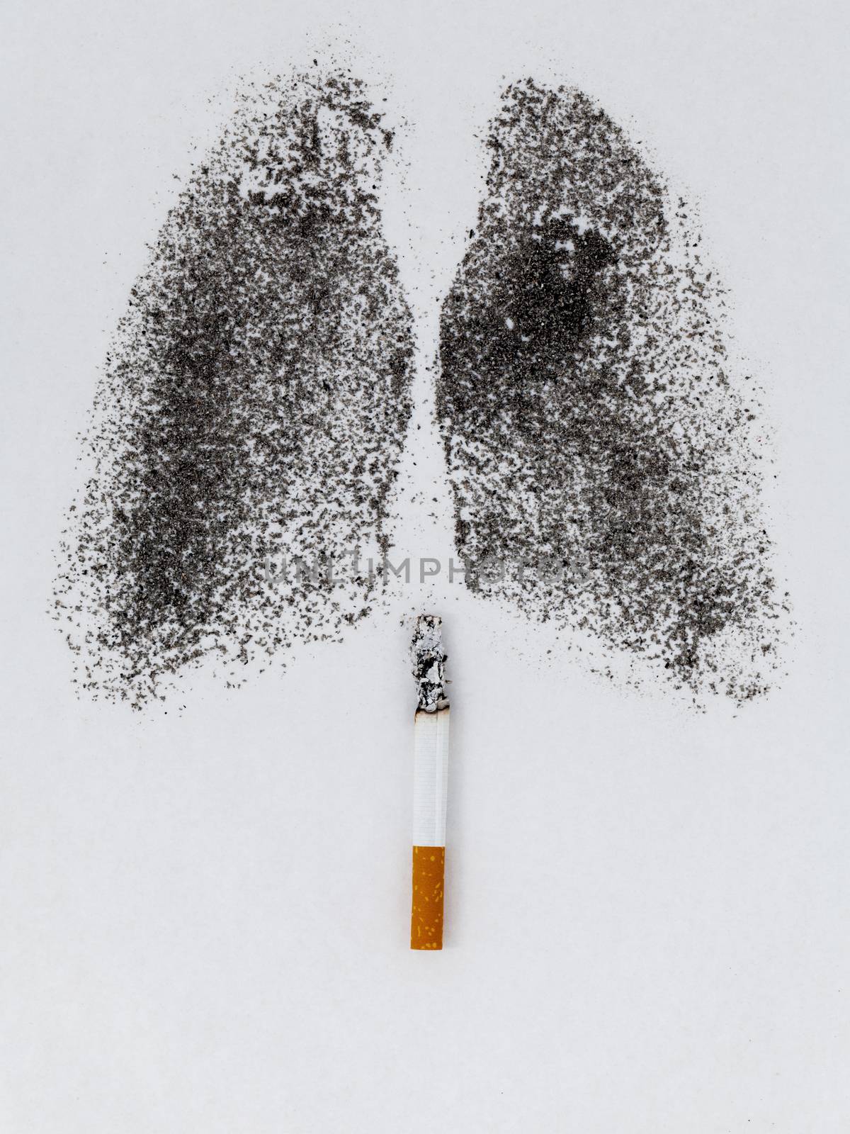Shape of lungs with charcoal powder and cigarette on white backg by kerdkanno