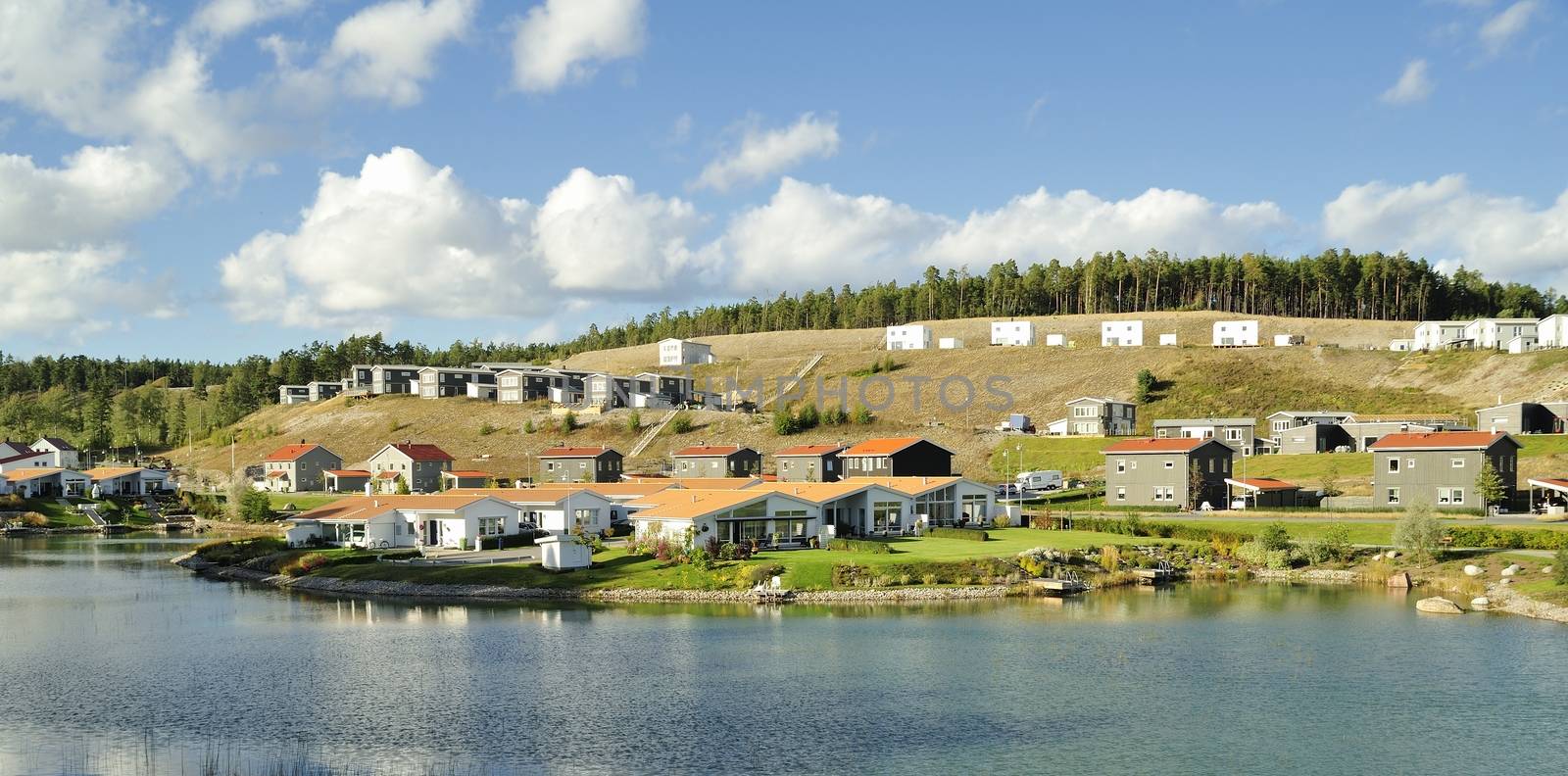 Homes with Pond. Scene of prime real estate community. Living in serenity.