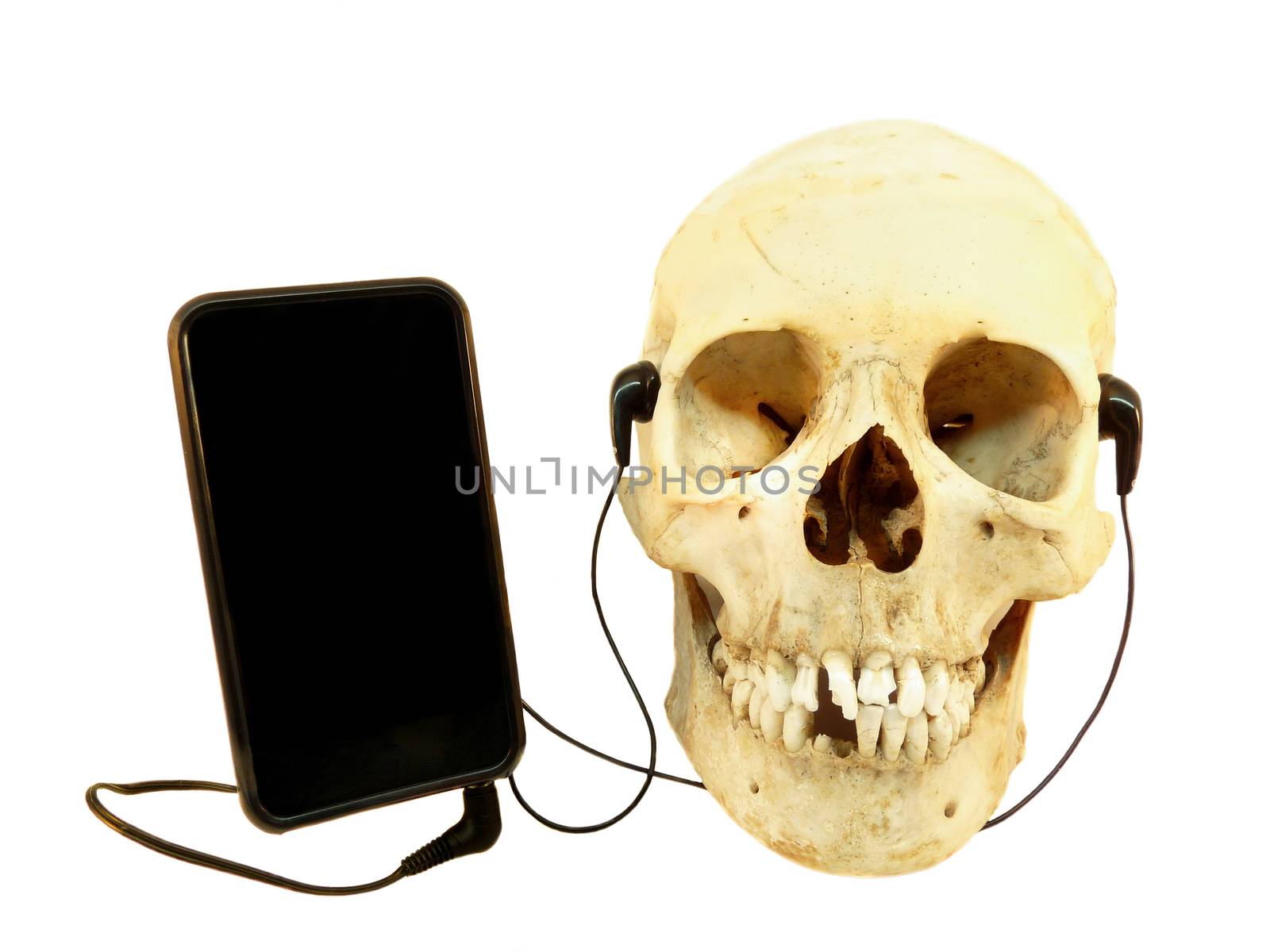 Human skull listening music on mobile device with earphones isolated on white background