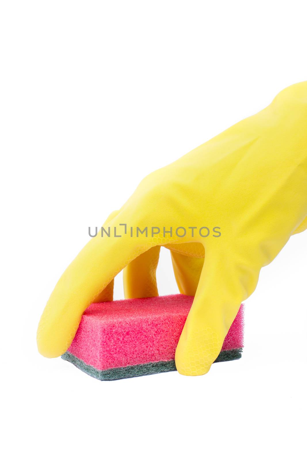 Hand in rubber glove with cleaning sponge isolated on white background