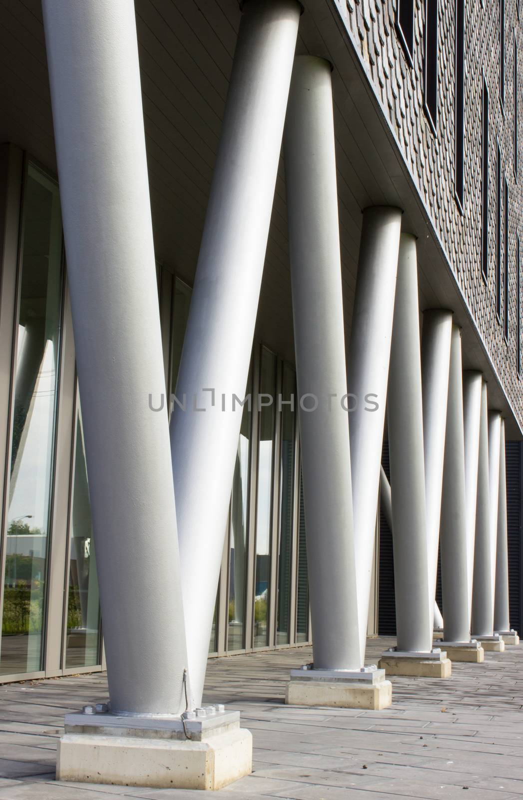 Round metal pillars in V- form as basis of a building construction