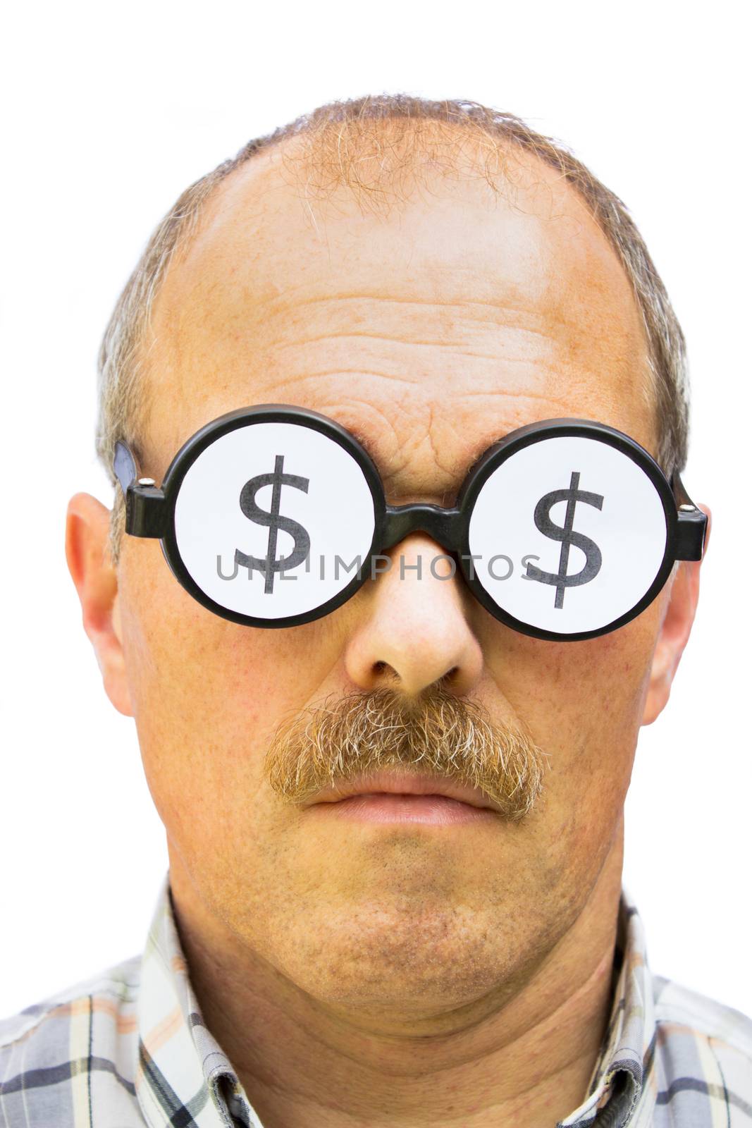 Man wearing spectacles with dollar signs on his glasses