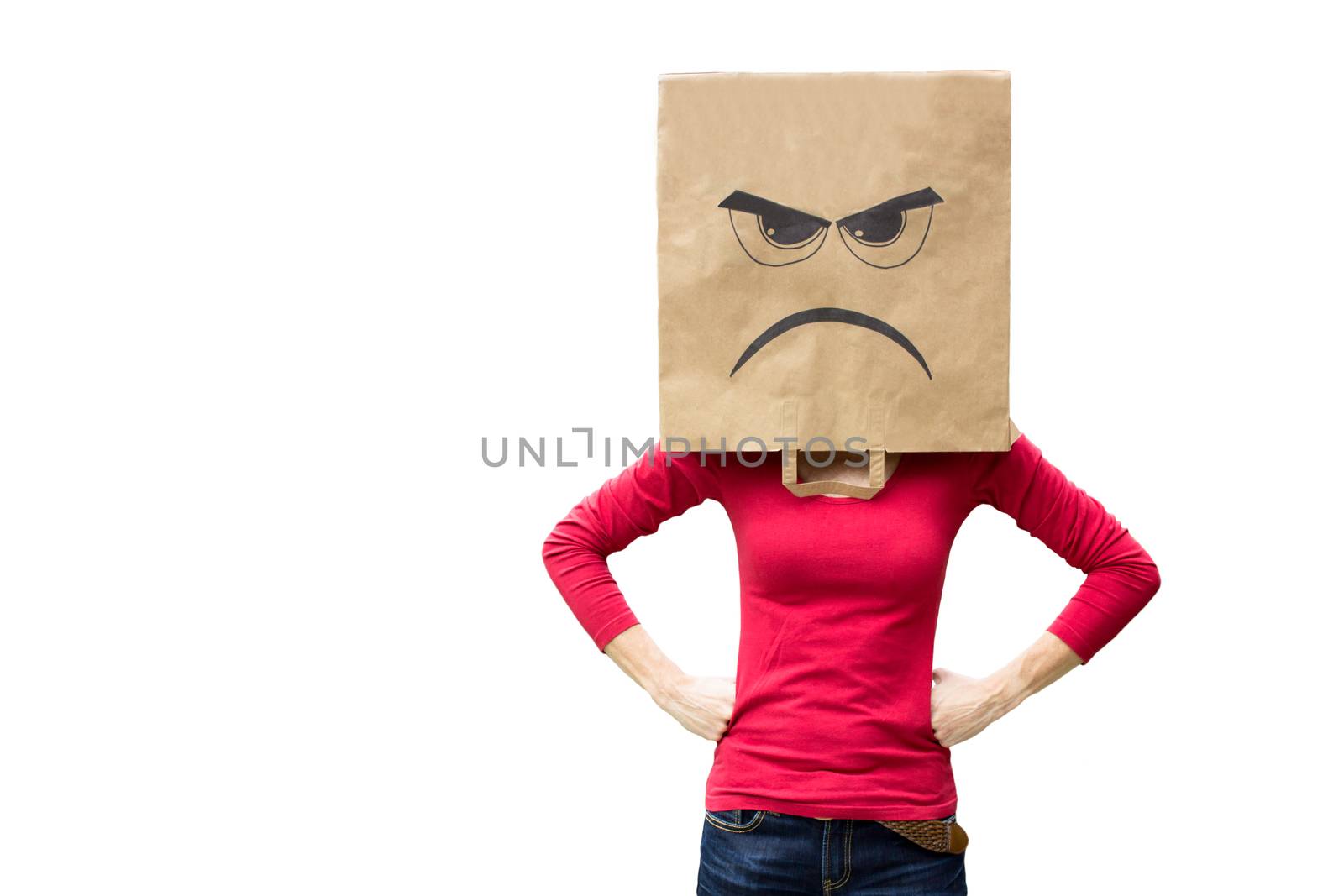 Angry woman wearing paper bag showing facial expression of frustration