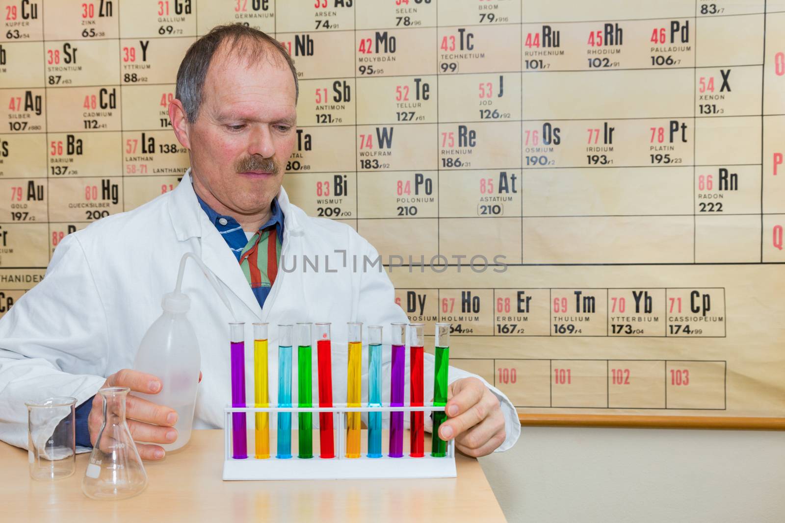 Chemist filling glass tubes with colored liquids in front of wallchart with periodic table