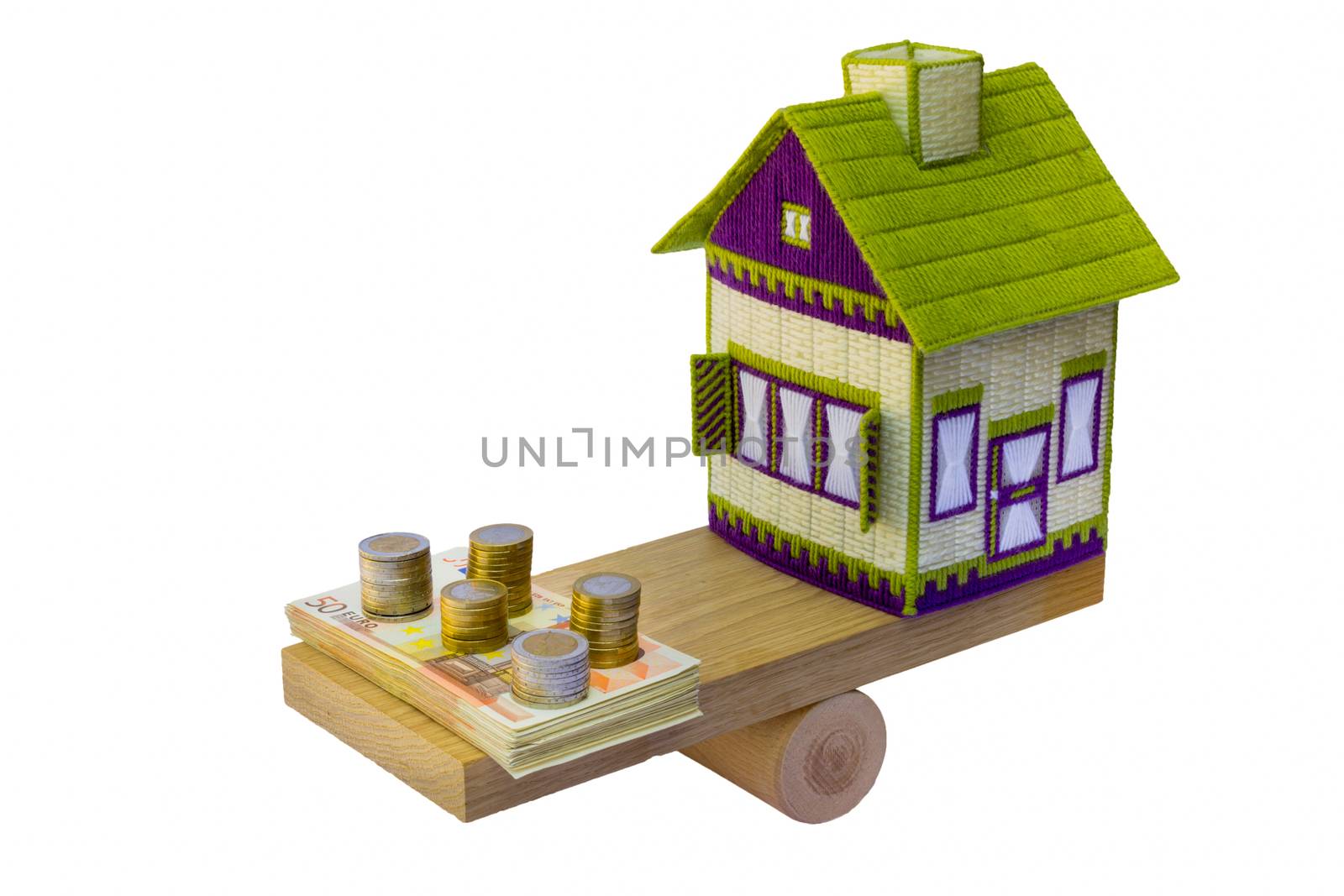 Embroidered house with euro money on seesaw by BenSchonewille