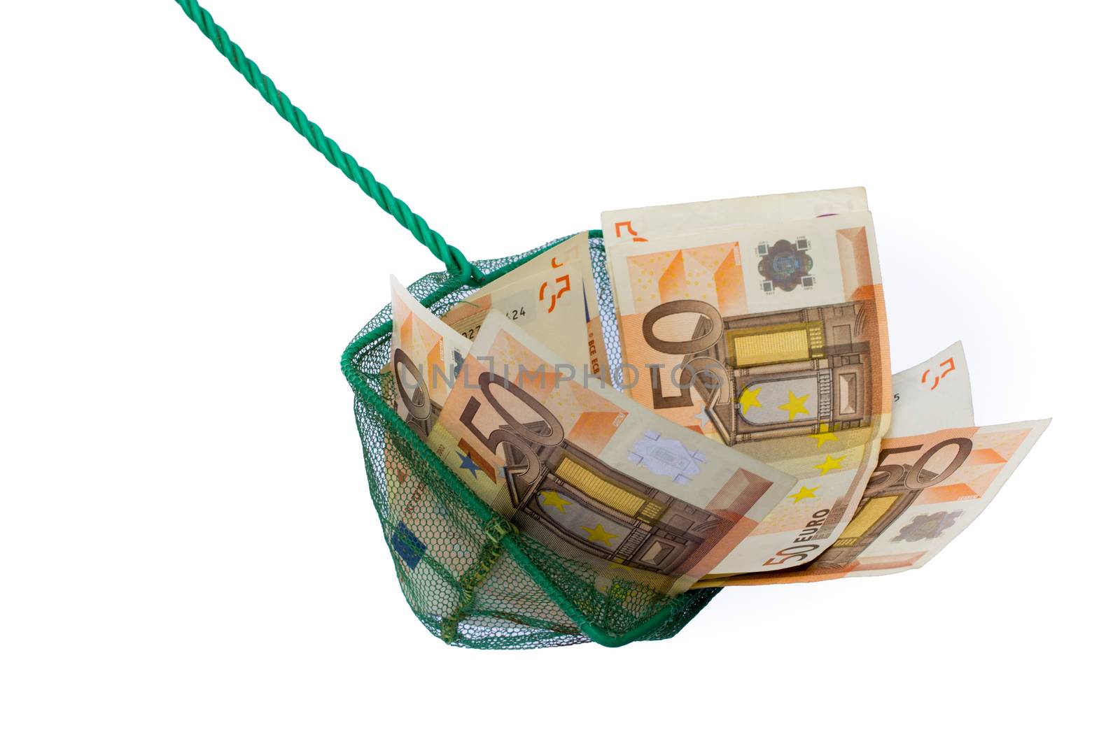 Fishing net filled with fifty euro notes isolated on white background