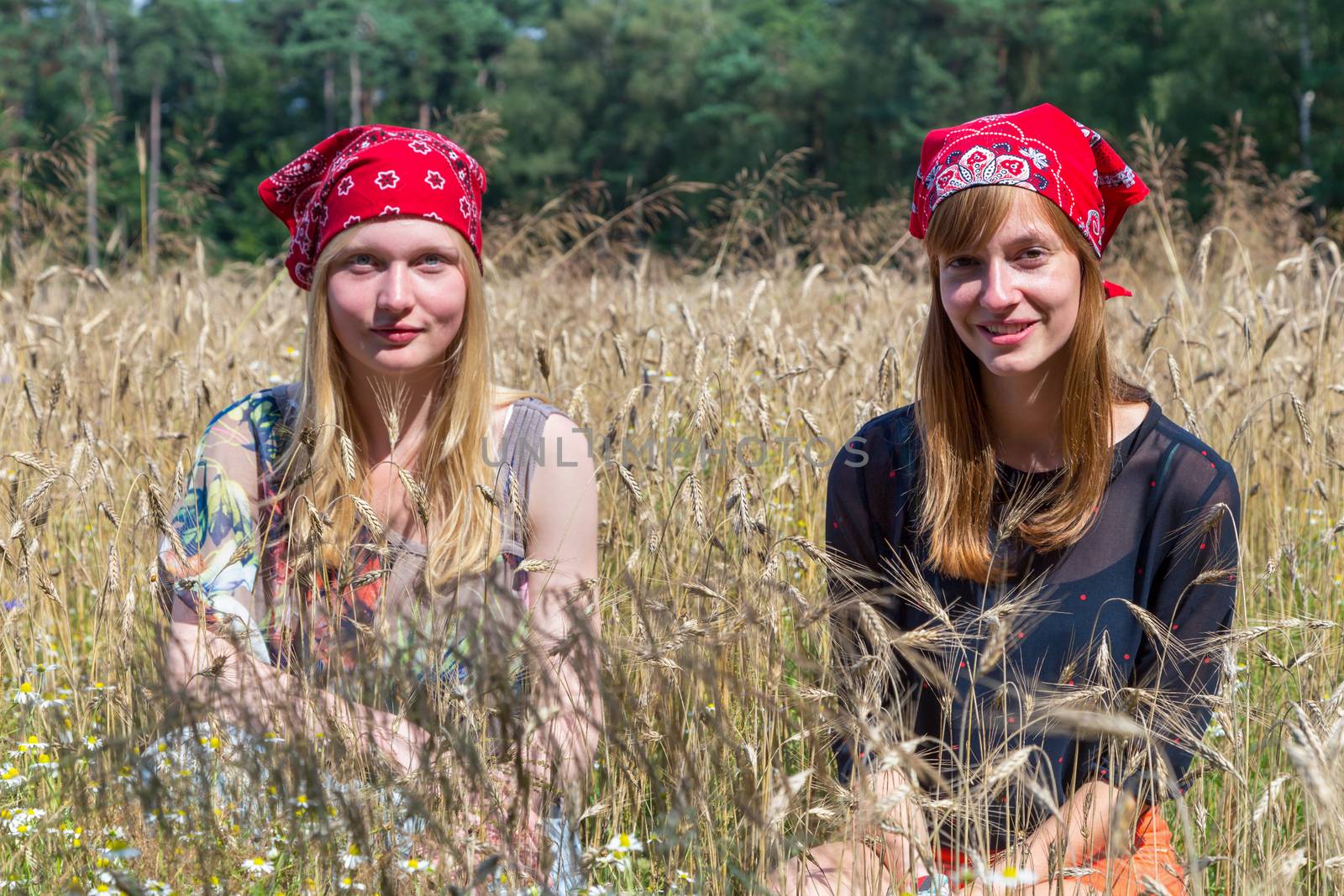 Two caucasian teenage girls sitting in cropland or corn field