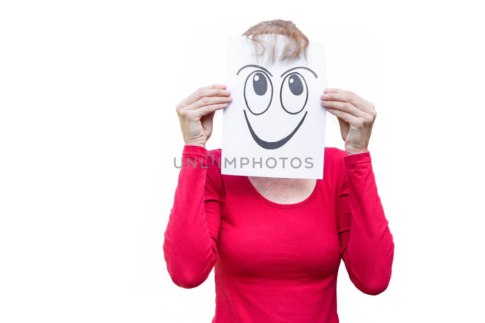 Happy woman with smiling facial expression isolated on white background