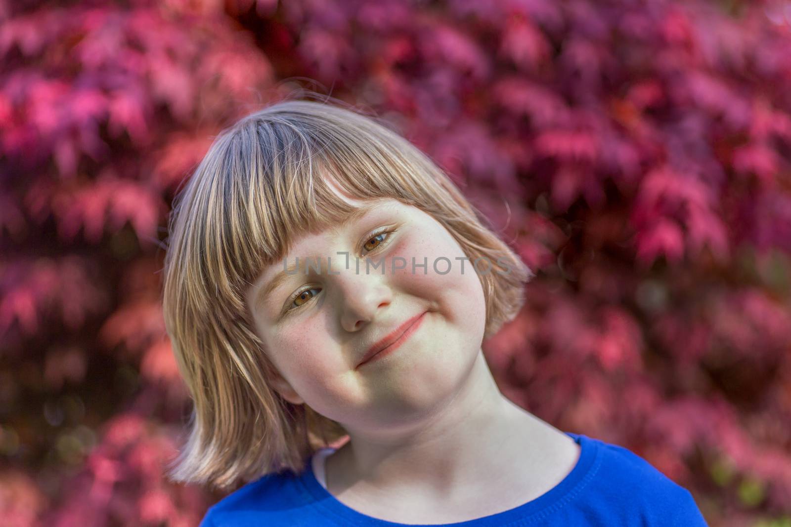 Young caucasian girl with red maple leaves as background in autumn