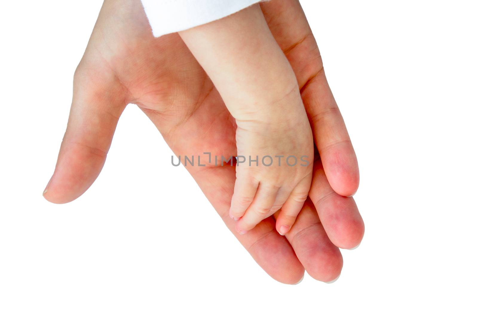 Hand of mother holding arm of newborn baby isolated on white background