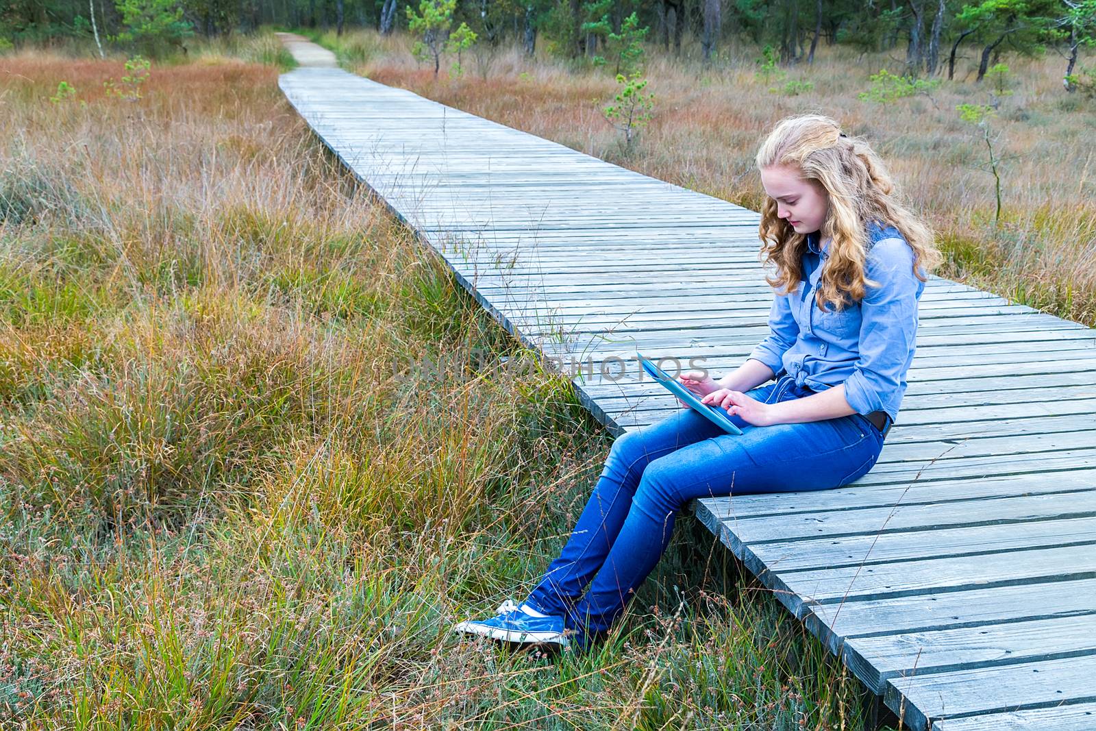 Blonde caucasian teenage girl working with tablet computer on wooden path in nature
