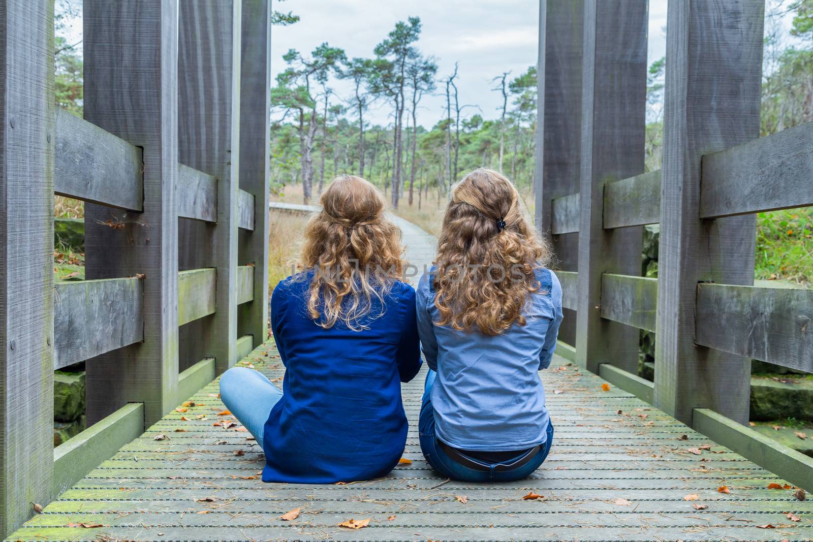 Two sisters sitting on wooden bridge in nature looking at view of forest