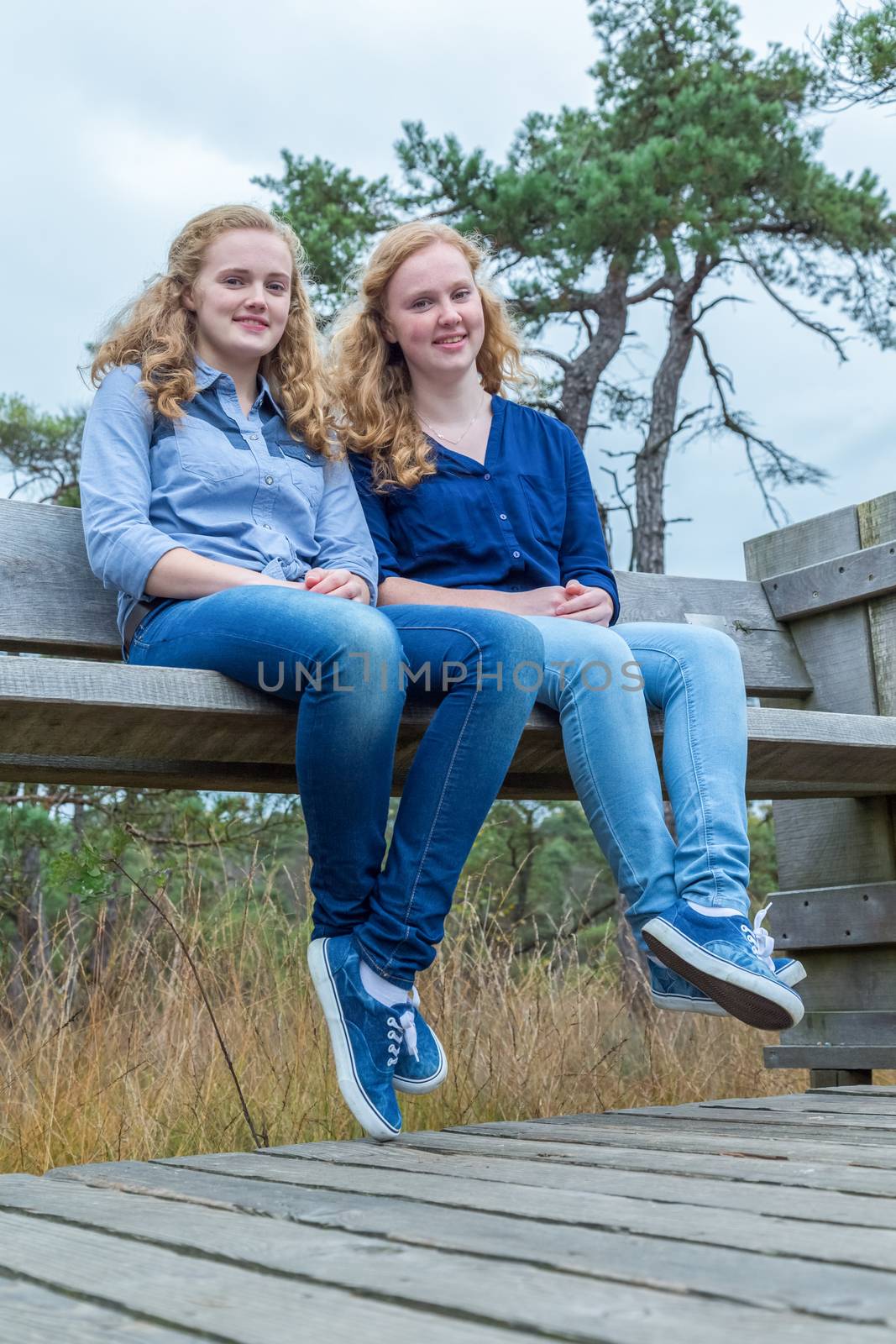 Two dutch teenage girls sitting on wooden bench in nature