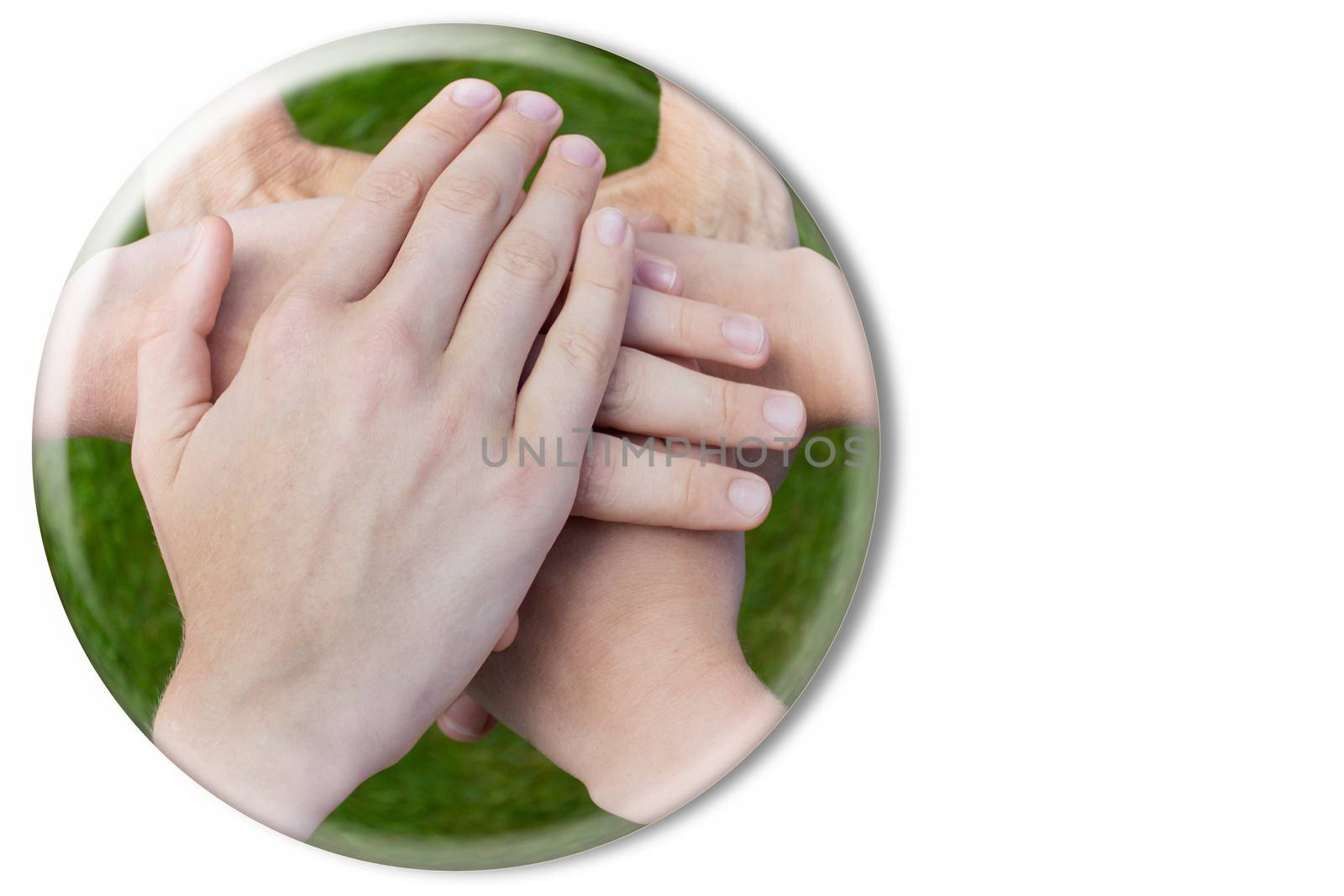 Hands uniting in glass sphere on white by BenSchonewille