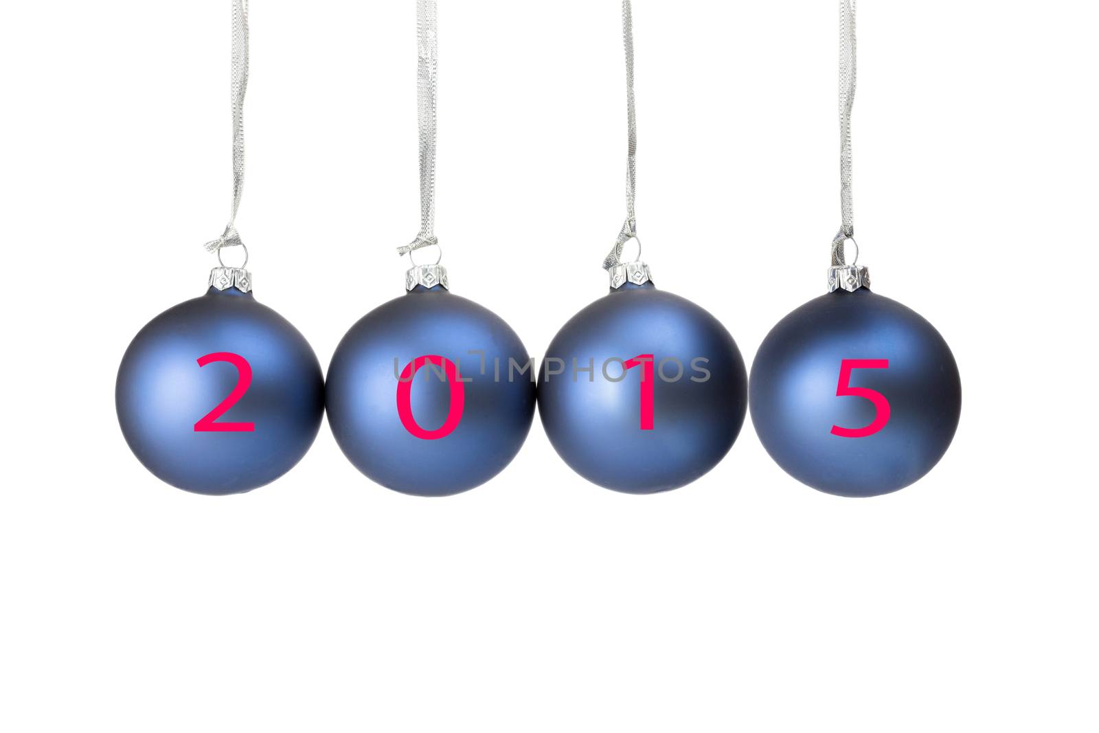 Four blue christmas balls or baubles with numbers of present year 2015 isolated on white background