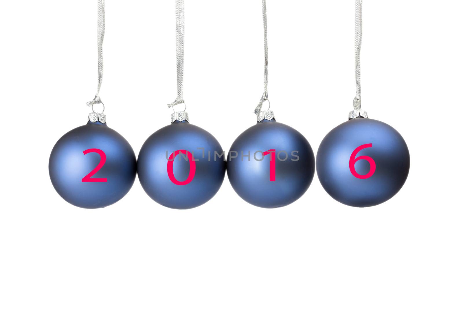 Four blue christmas balls or baubles symbolizing new year 2016 isolated on white background