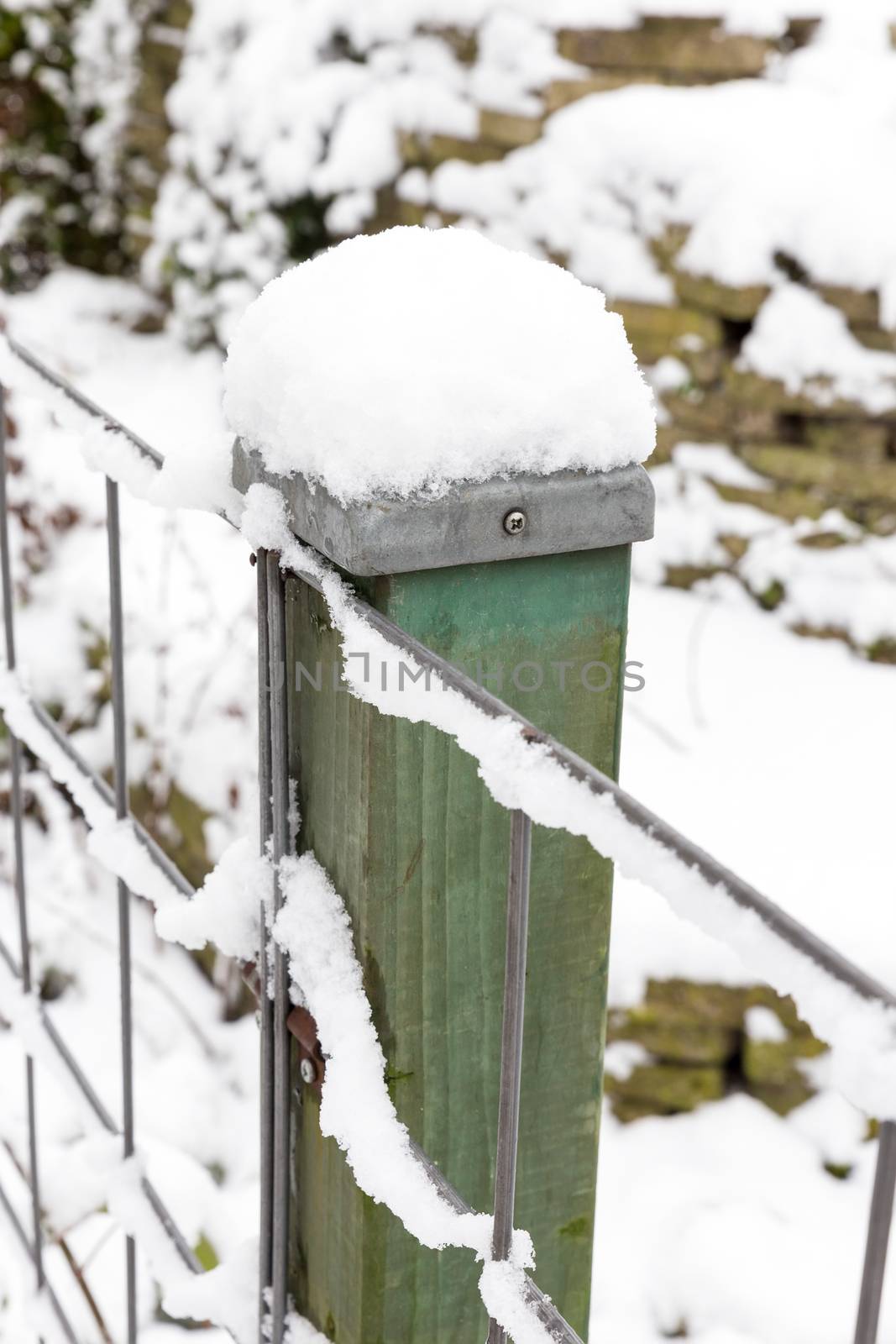 Snow on wooden pole and fence by BenSchonewille