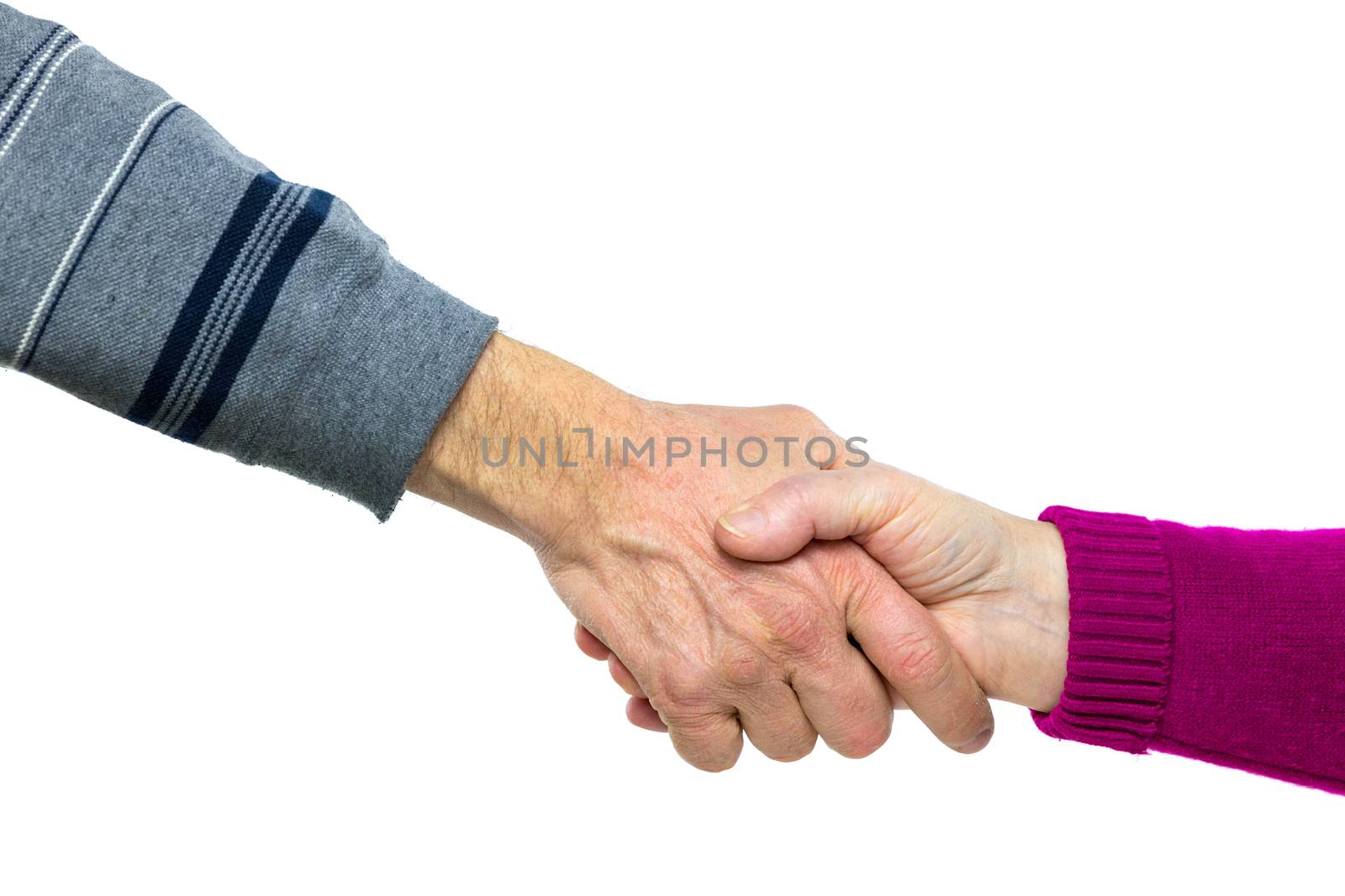 Male and female arm shaking each other's hands making contact isolated on white background