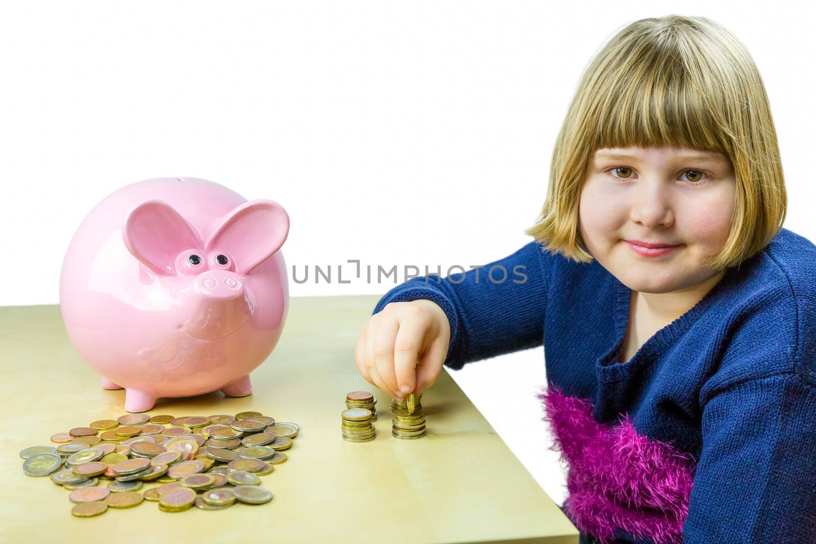 Young caucasian girl counting euro coins from piggy bank isolated on white background
