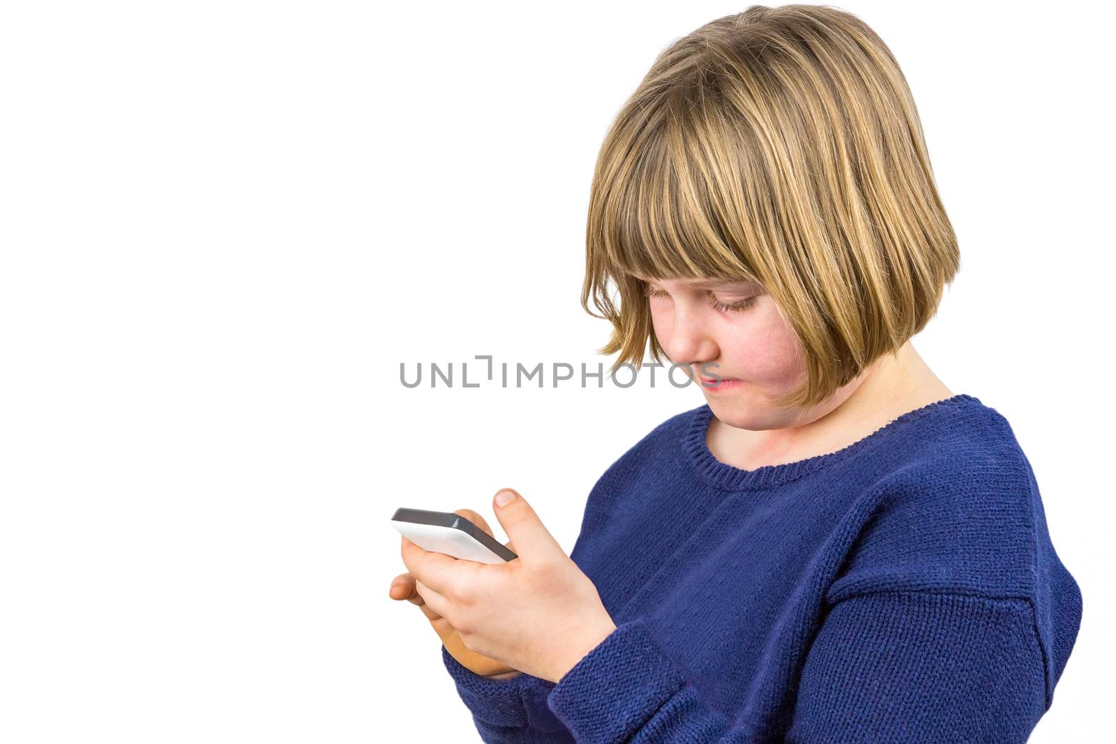 Young caucasian girl operating mobile telephone isolated on white background