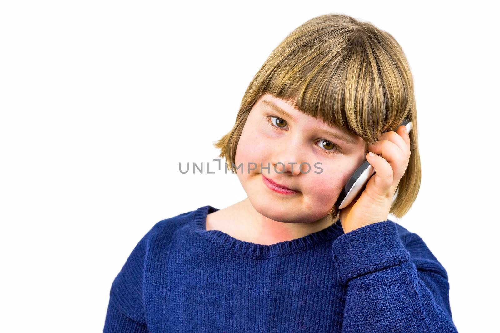 Young caucasian girl phoning with mobile telephone isolated on white background