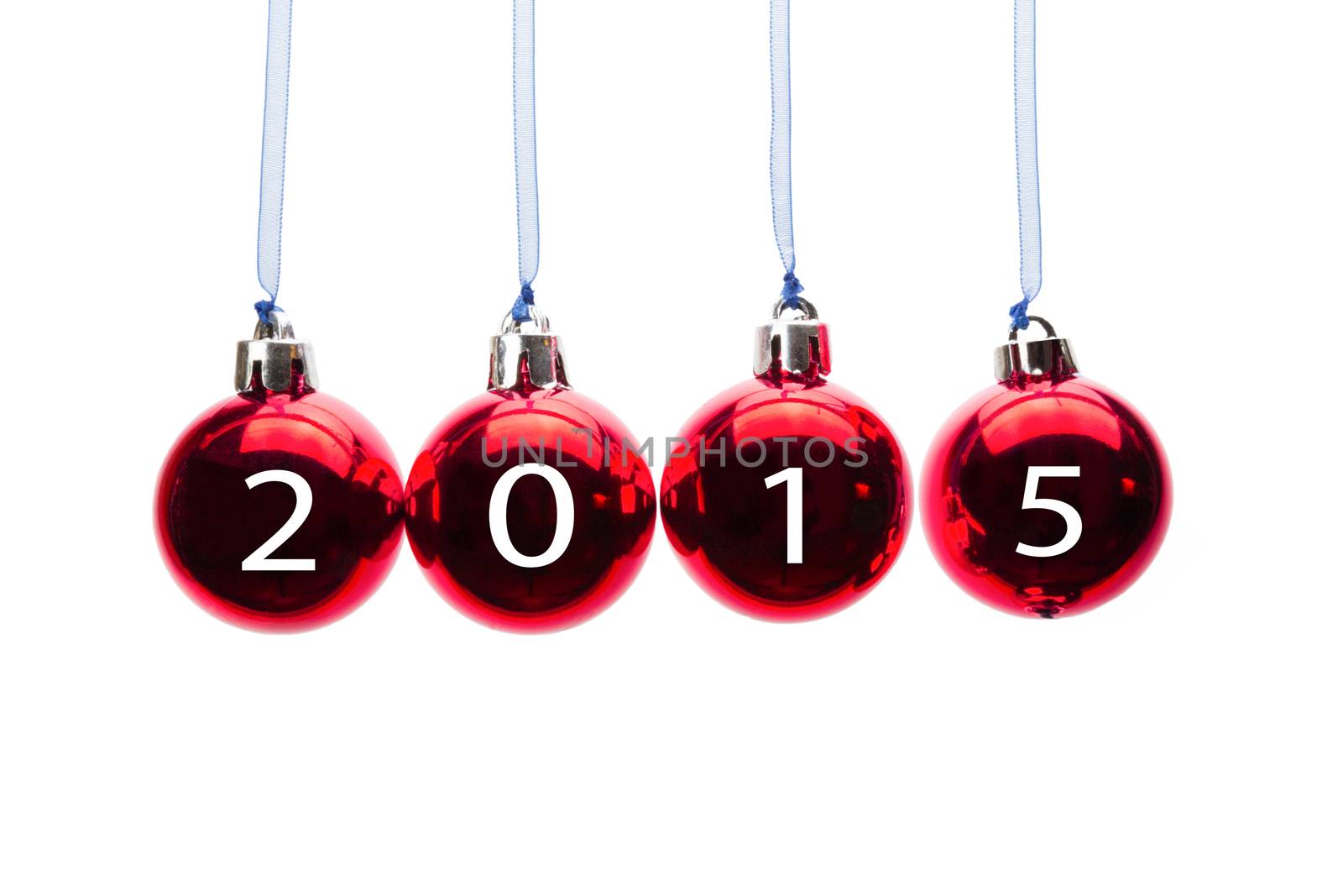 Four red christmas balls with numbers of old year 2015 isolated on white background