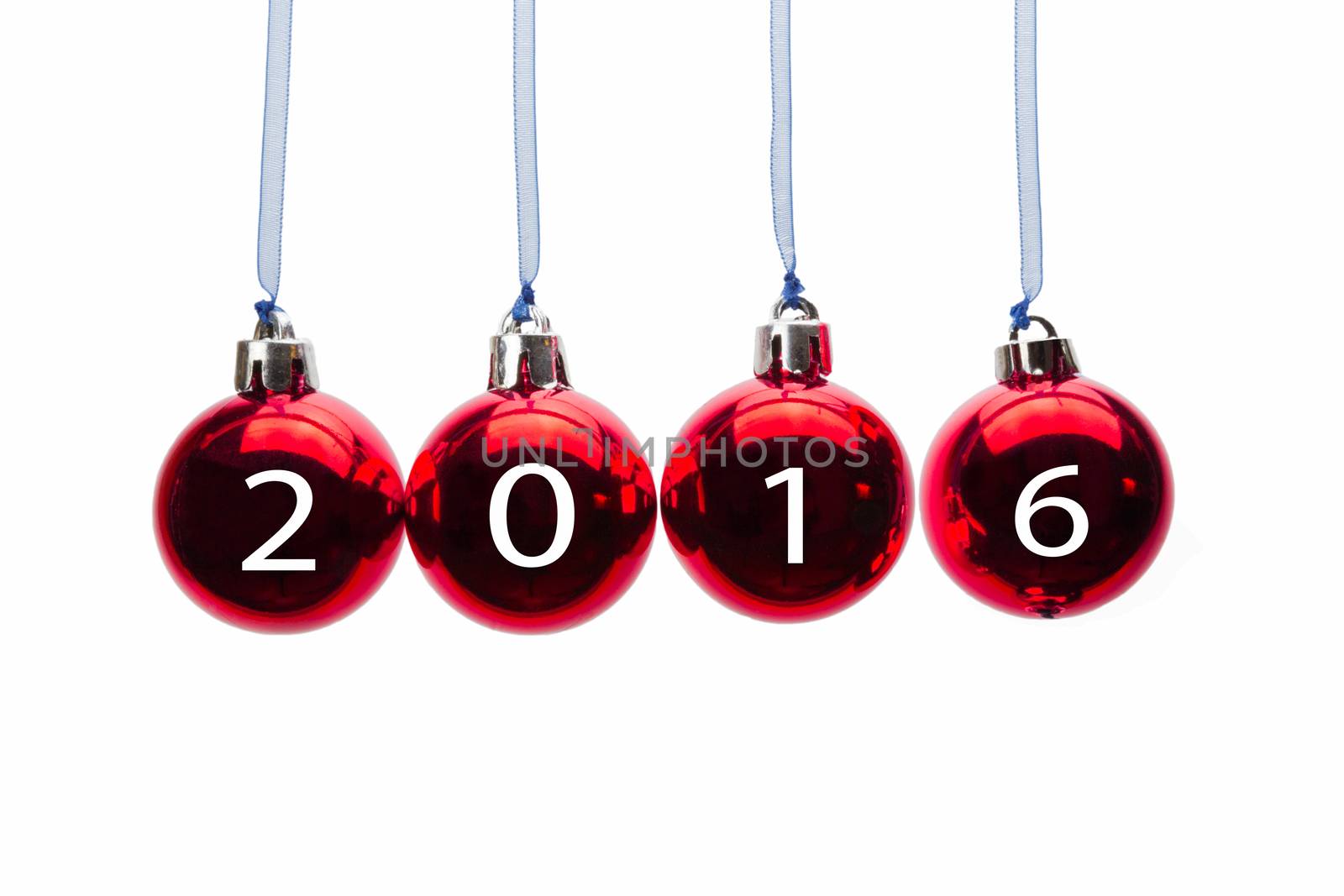 Hanging red christmas balls with numbers of year 2016 isolated on white background