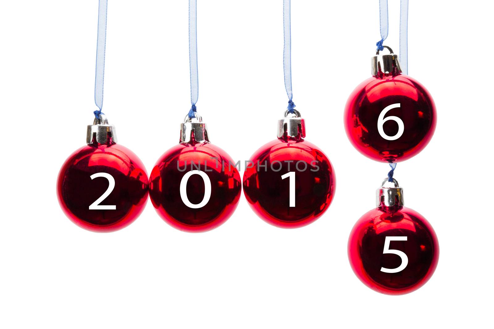 Red christmas balls or baubles  with numbers of old year 2015 and new year 2016 isolated on white background