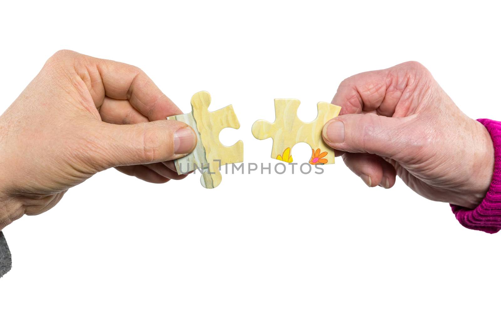 Two hands uniting fitting puzzle pieces by BenSchonewille