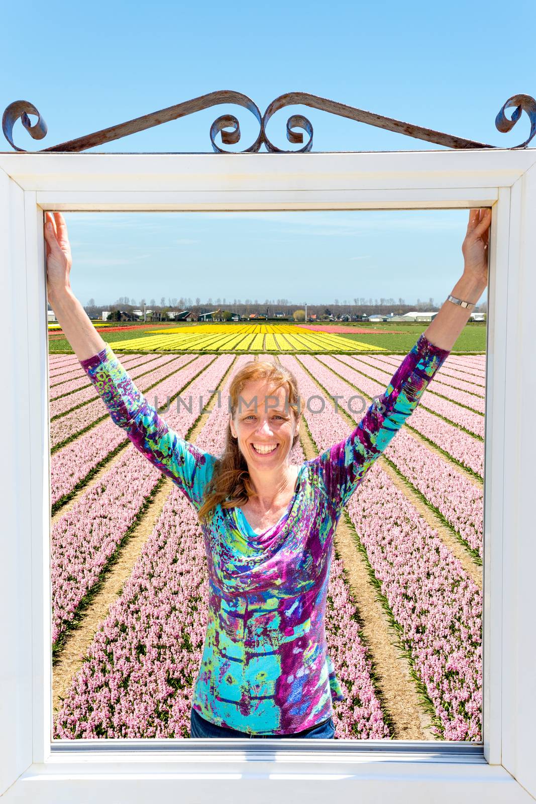 Happy caucasian middle aged woman standing in window at pink flowers field in Holland