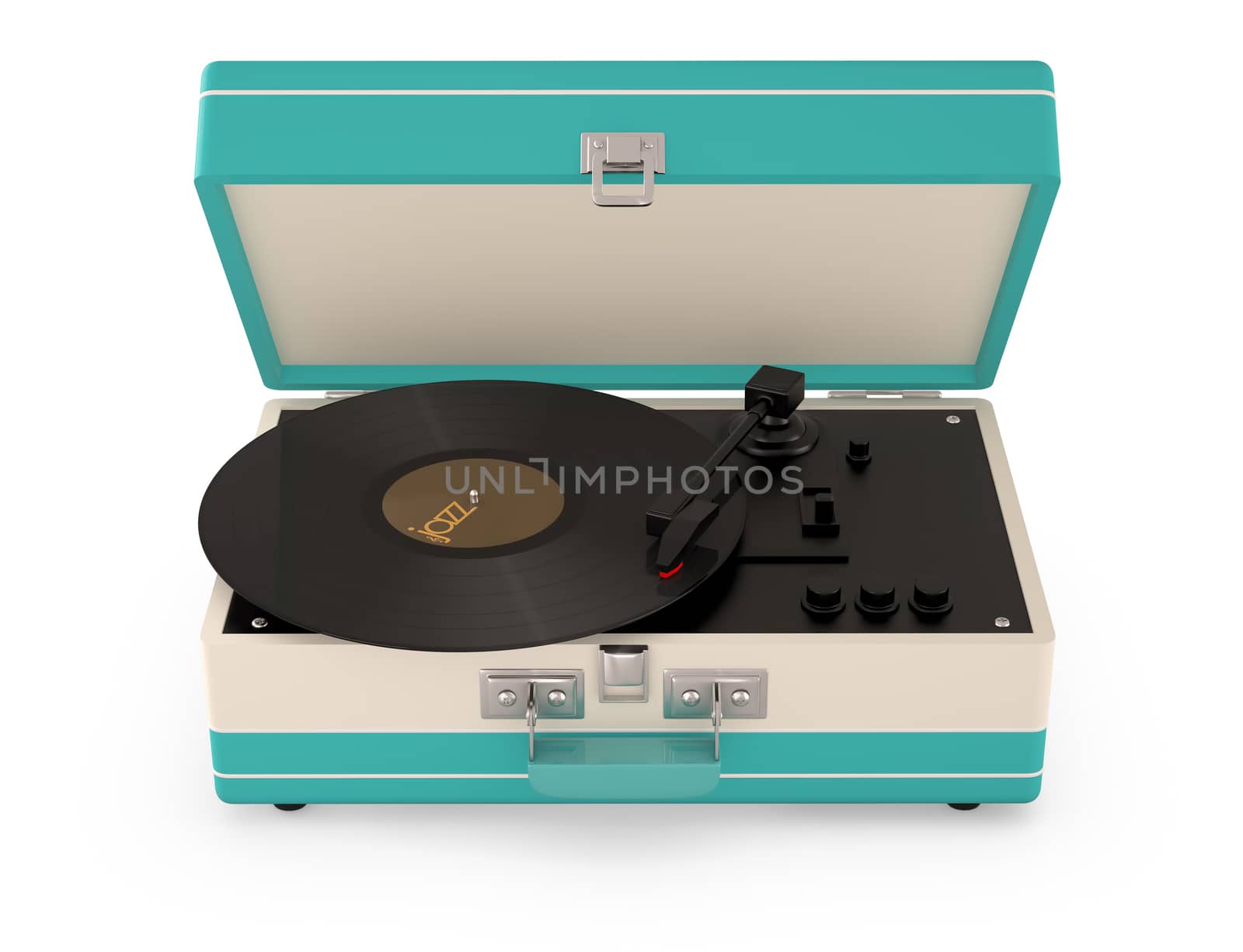 Retro portable turntable isolated on white. (3D Render)