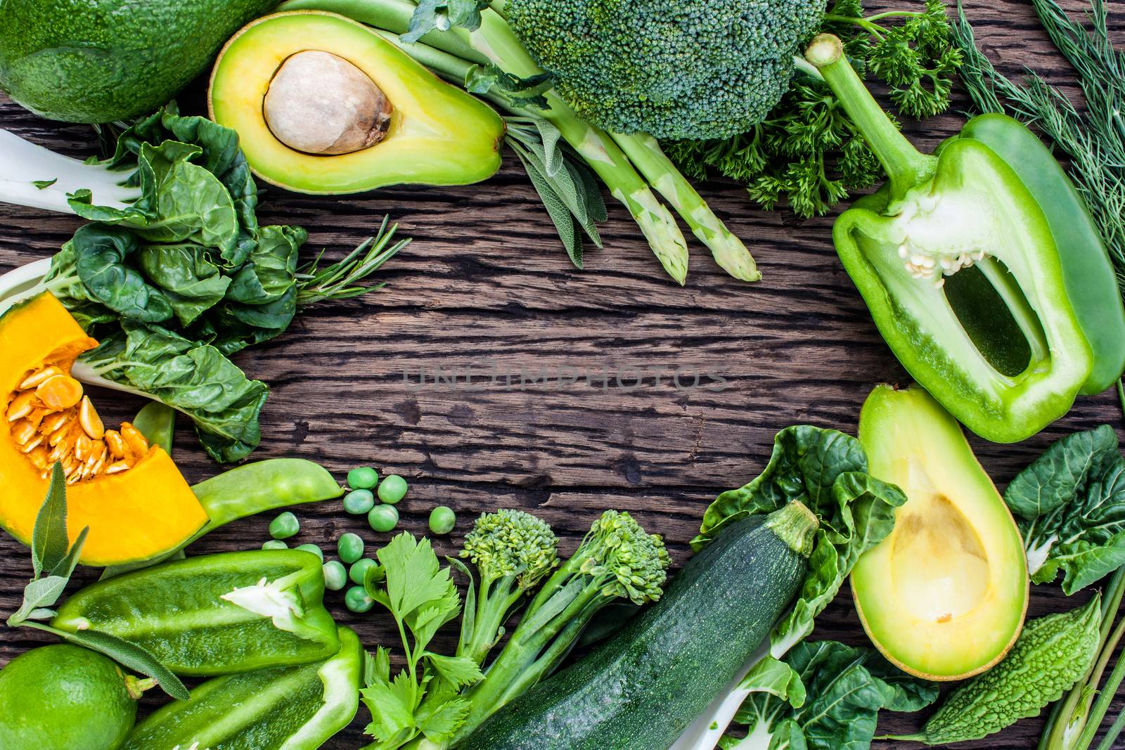 Clean food Concept set up on wooden table. by kerdkanno