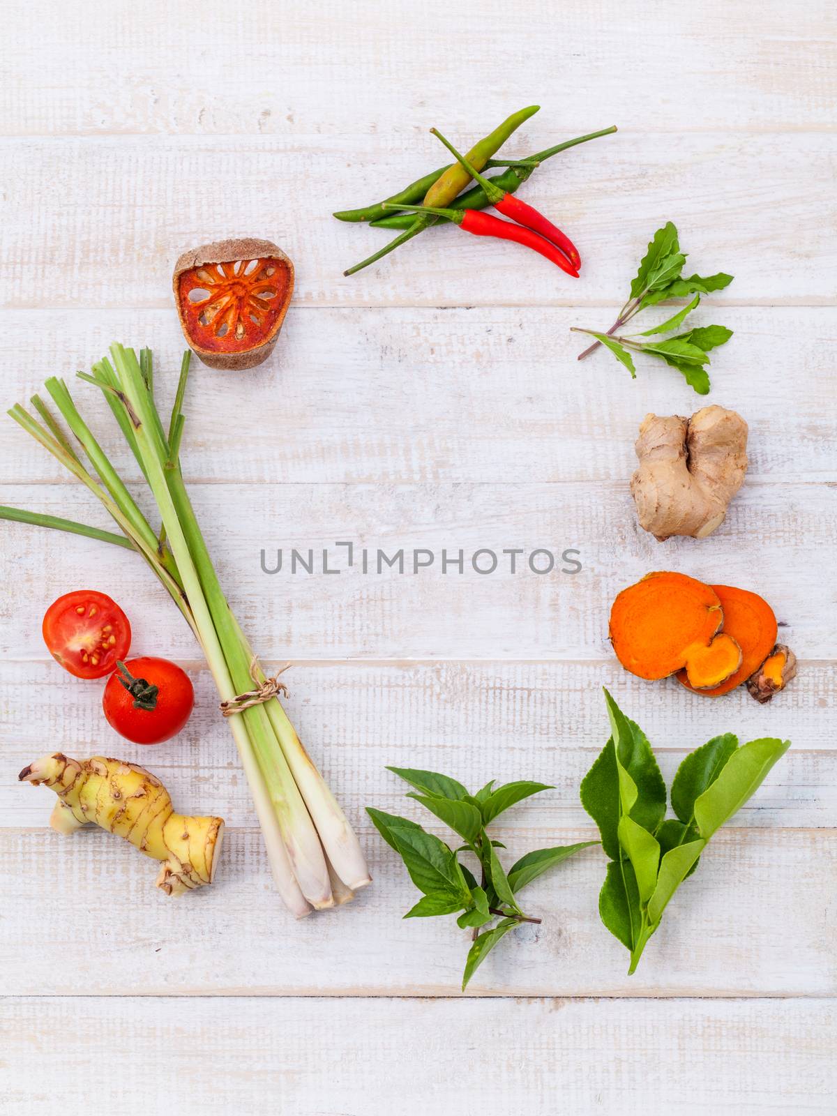 Clean food idea set up on wooden table. by kerdkanno