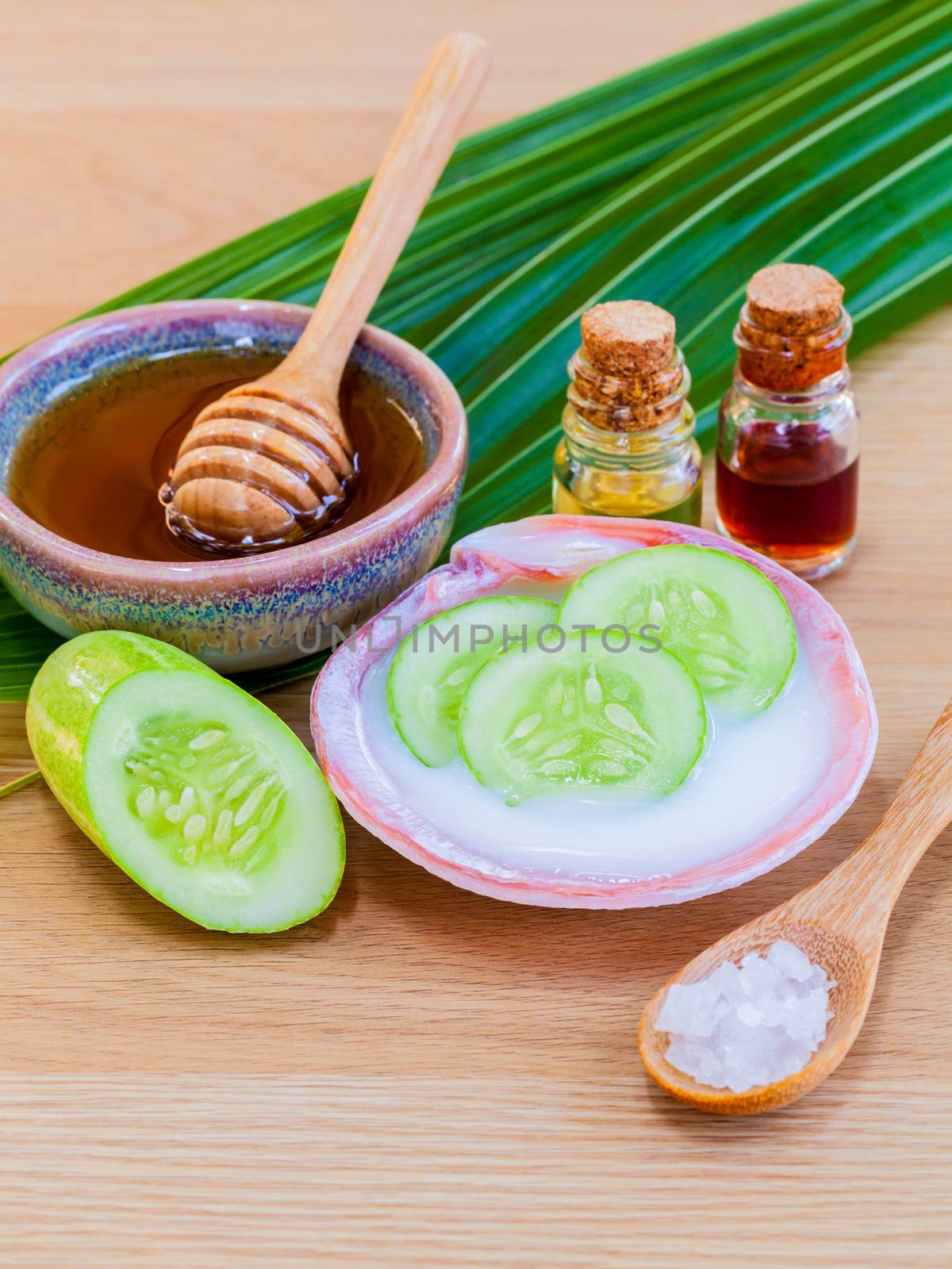 Natural Spa Ingredients . - Homemade facial masks with natural ingredients on wooden table.