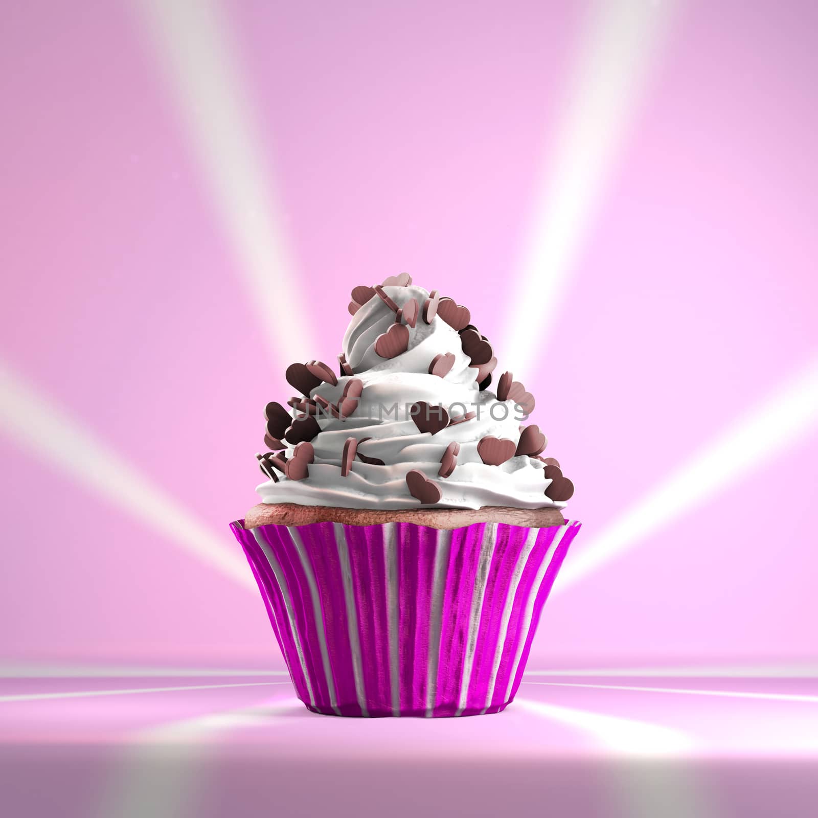Delicious cupcake with chocolate hearts on a whipped cream. by ytjo