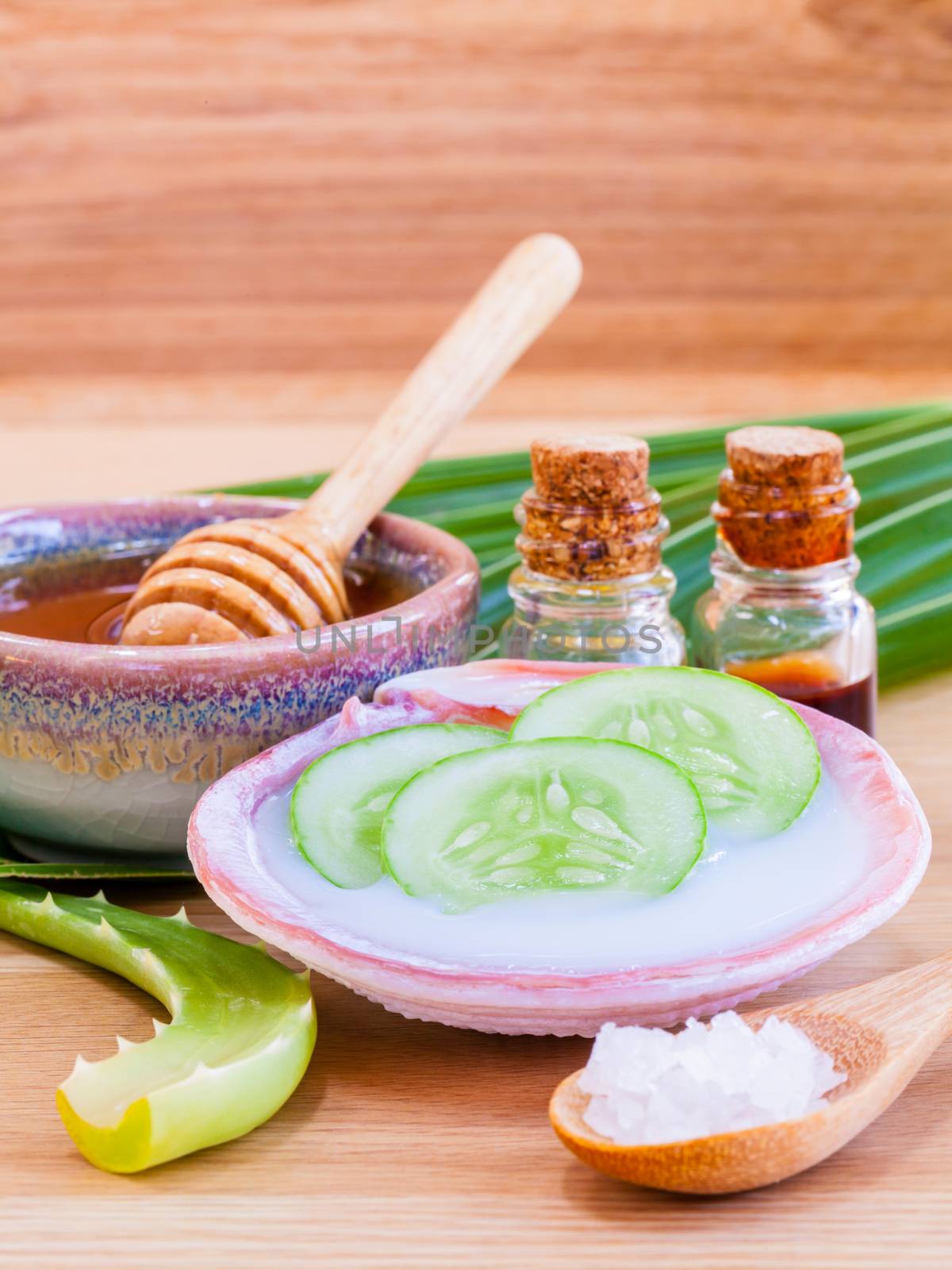 Natural Spa Ingredients . - Homemade facial masks with natural ingredients on wooden table.