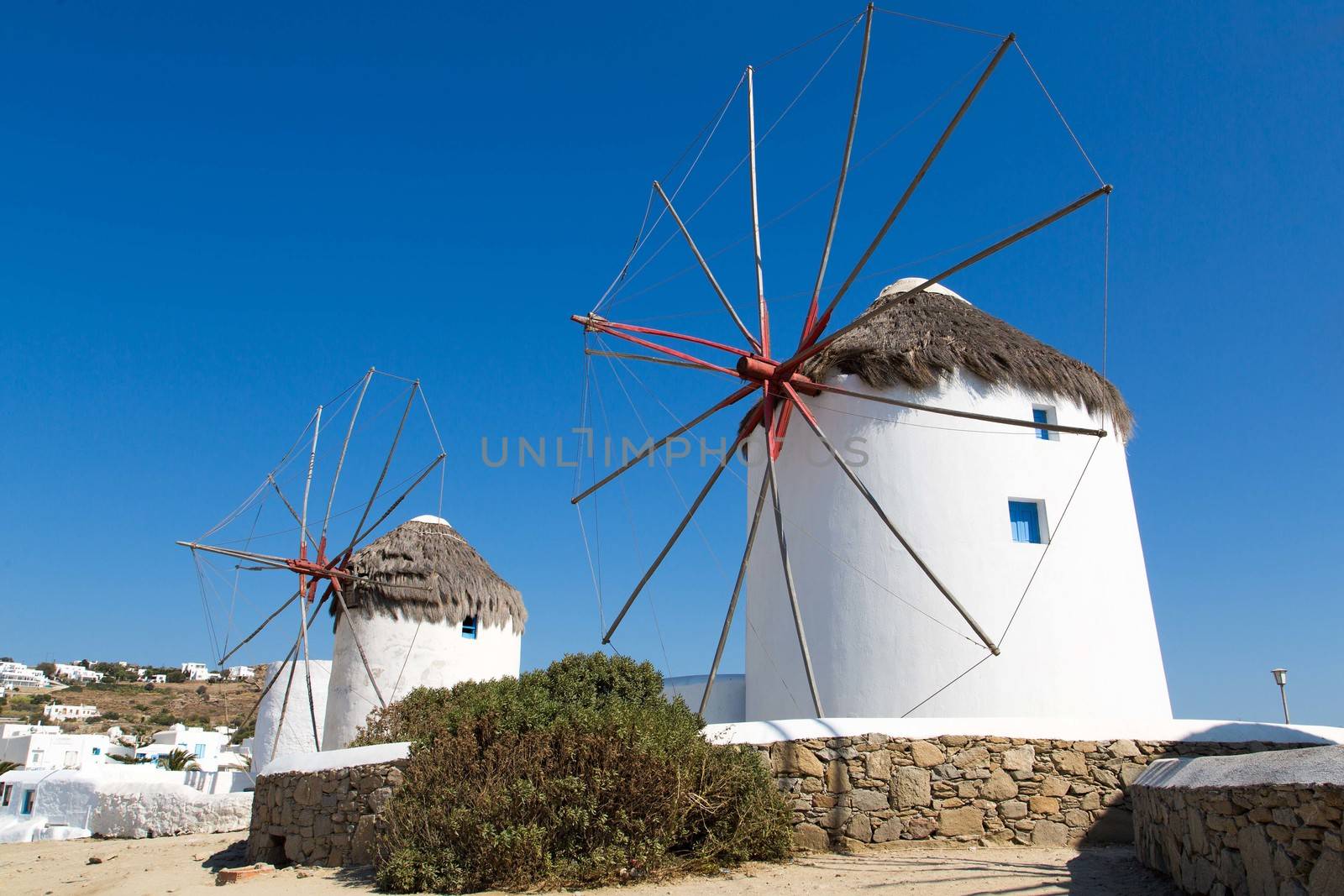 The famous wind mills in Mykonos during day time